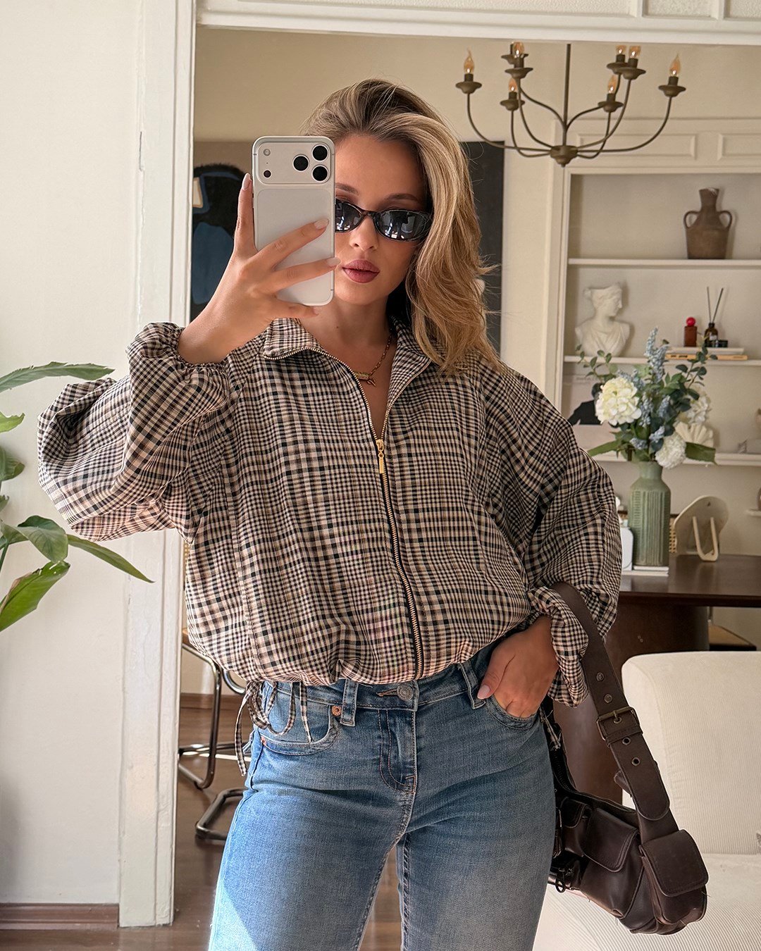 Büzgü Detaylı Ekose Crop Ceket
