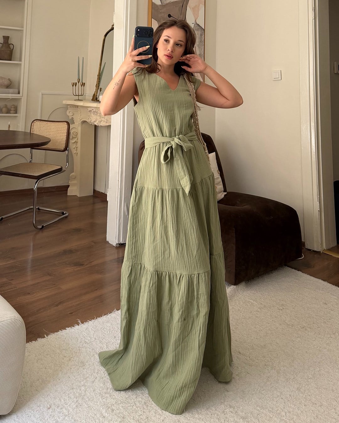 Çağla Kuşaklı Krinkıl Maxi Elbise
