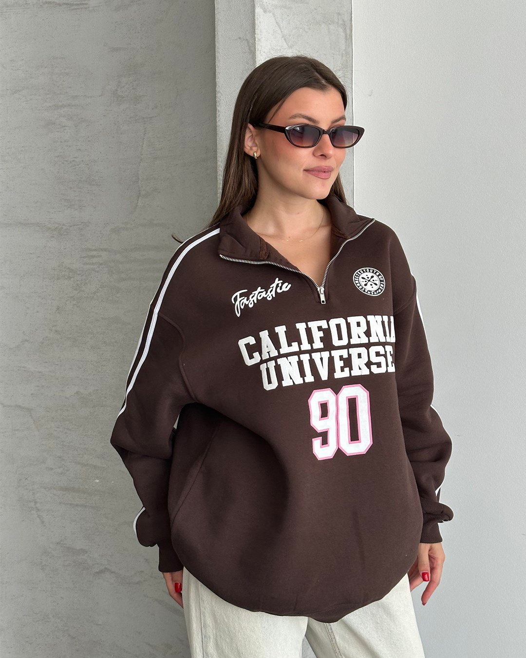 California Baskılı Şeritli Kahverengi Sweatshirt