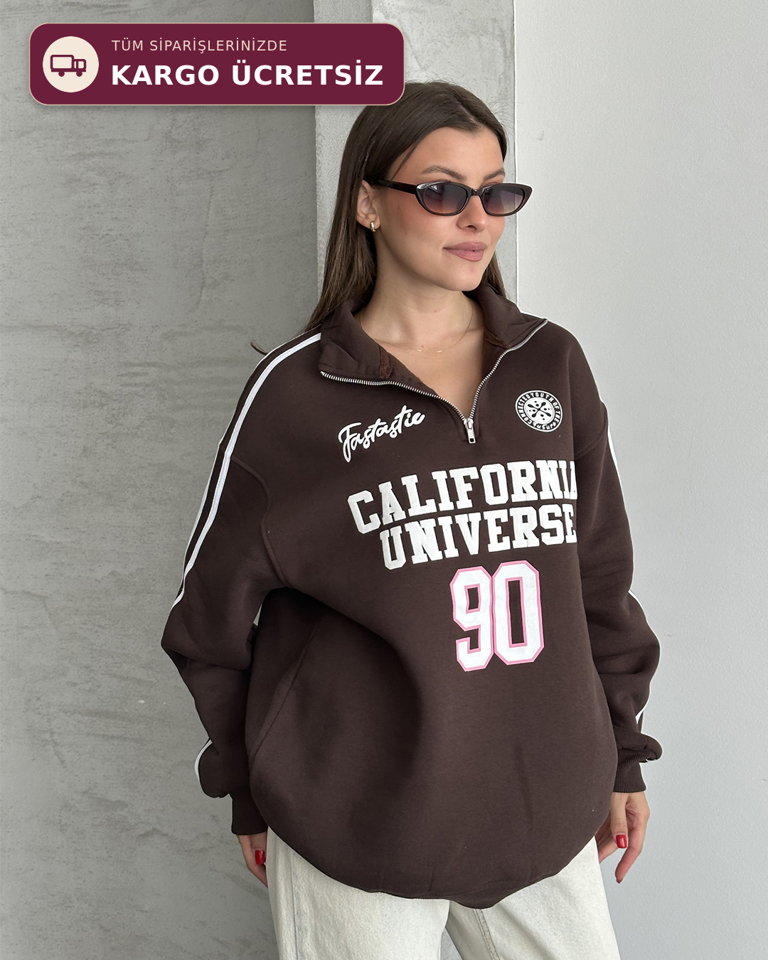 California Baskılı Şeritli Kahverengi Sweatshirt