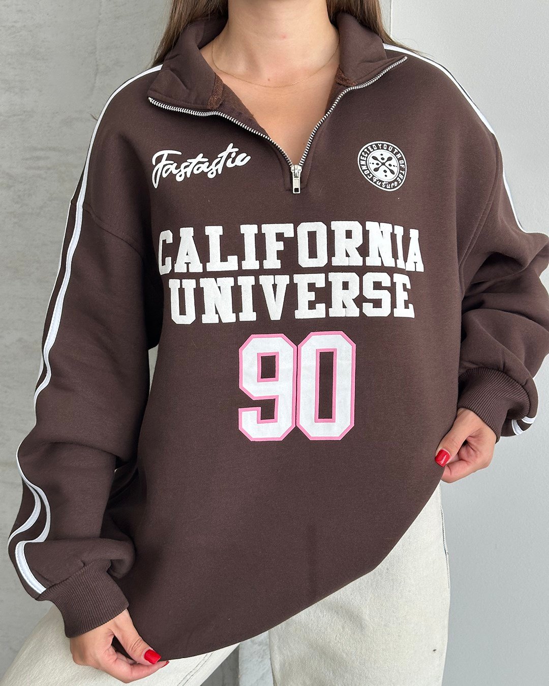 California Baskılı Şeritli Kahverengi Sweatshirt