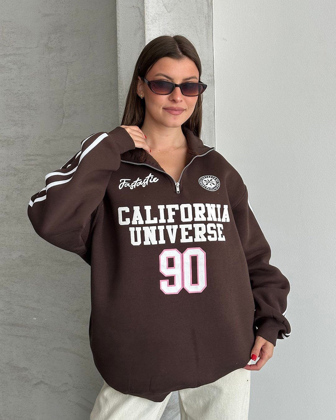 California Baskılı Şeritli Kahverengi Sweatshirt