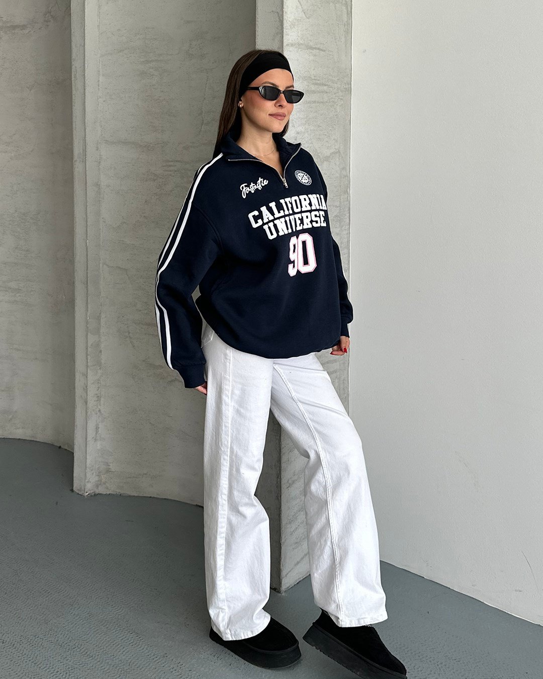 California Baskılı Şeritli Lacivert Sweatshirt