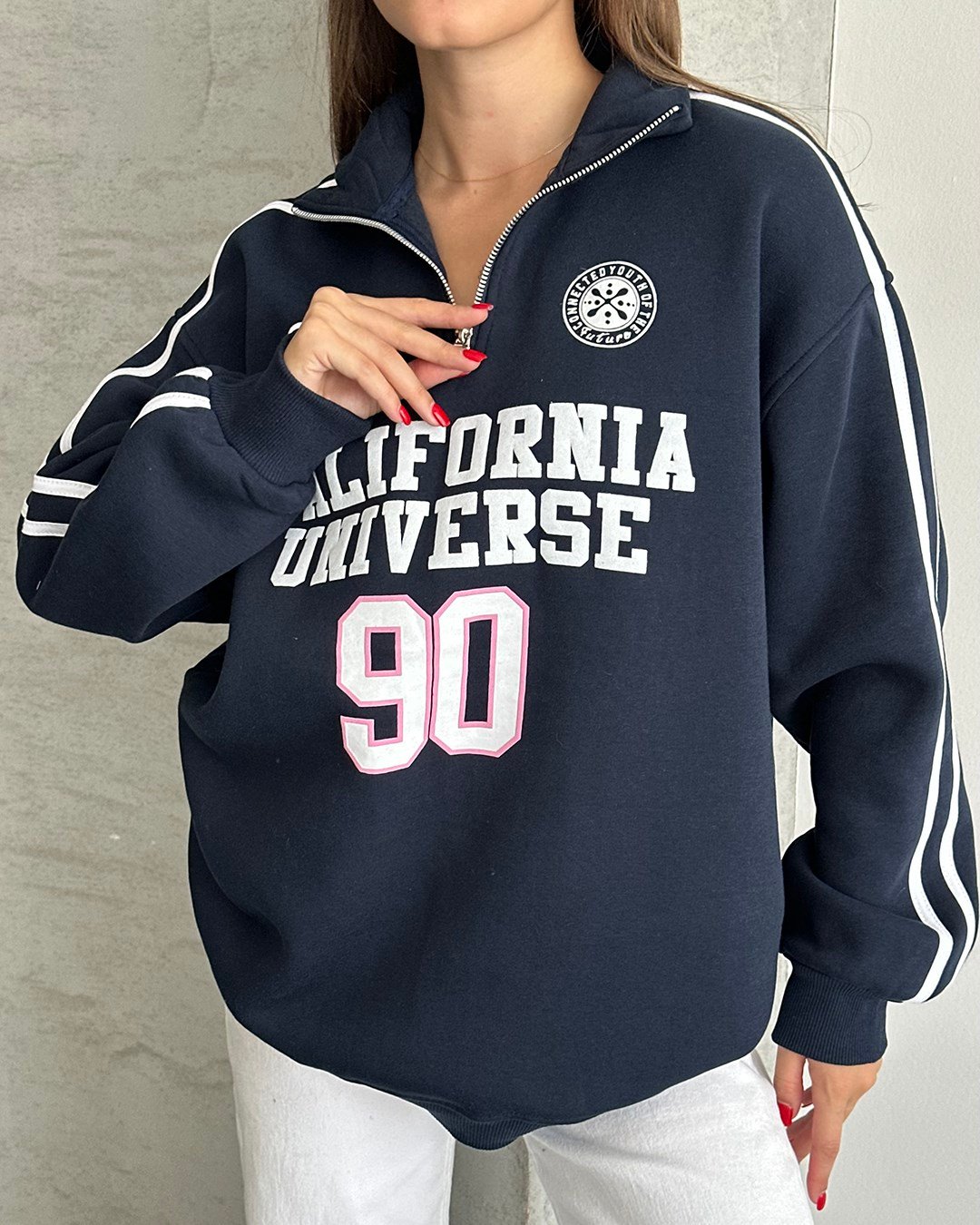 California Baskılı Şeritli Lacivert Sweatshirt