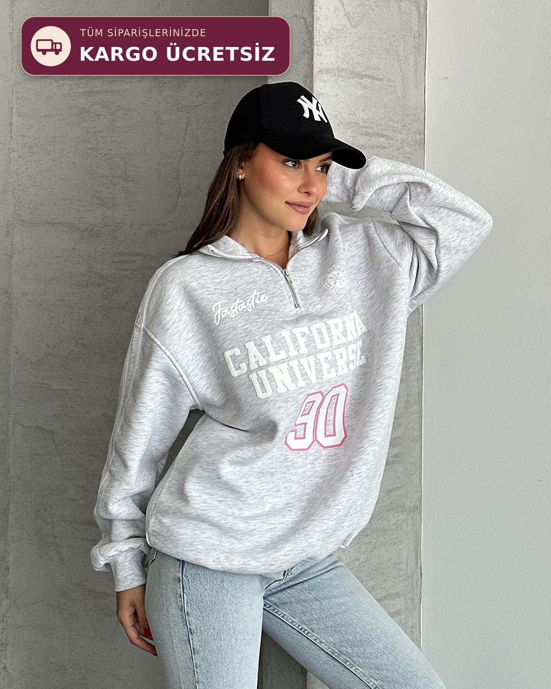 California Baskılı Şeritli Melanj Sweatshirt