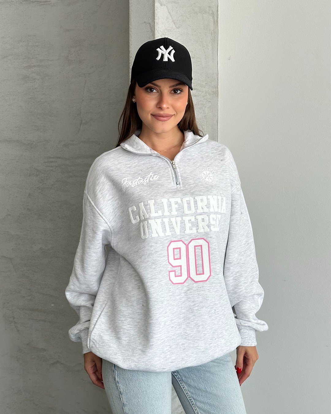 California Baskılı Şeritli Melanj Sweatshirt