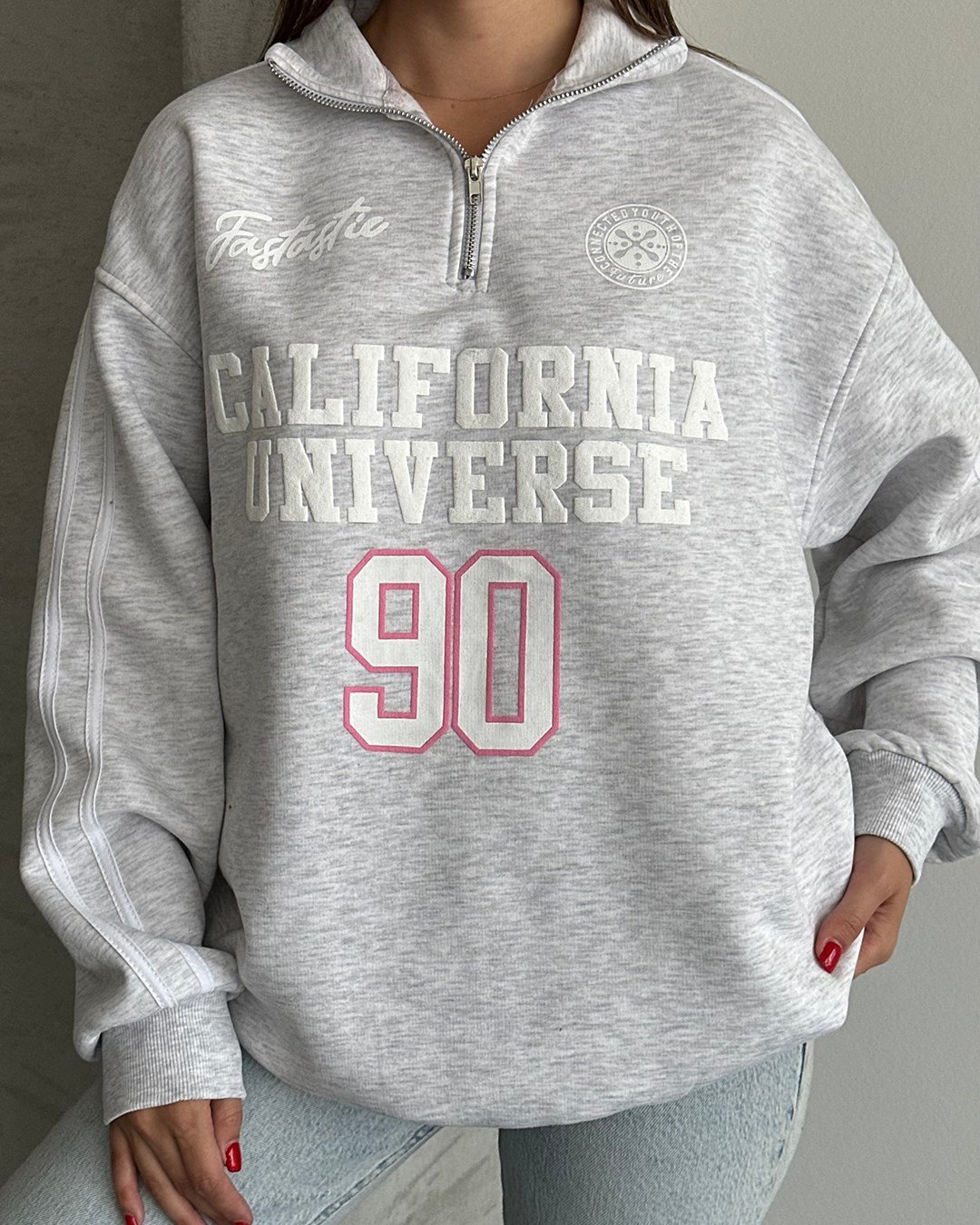 California Baskılı Şeritli Melanj Sweatshirt