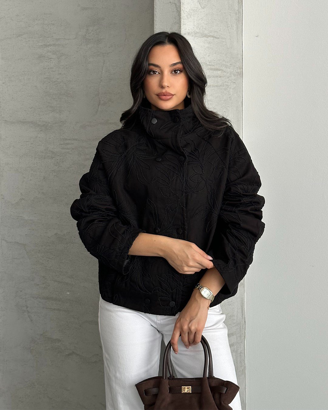 Çiçek Nakışlı Oversize Siyah Ceket