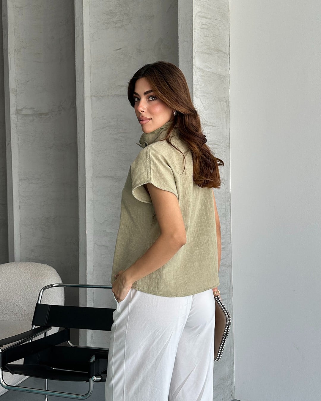 Çift Düğmeli Hâkim Yaka Haki Bluz