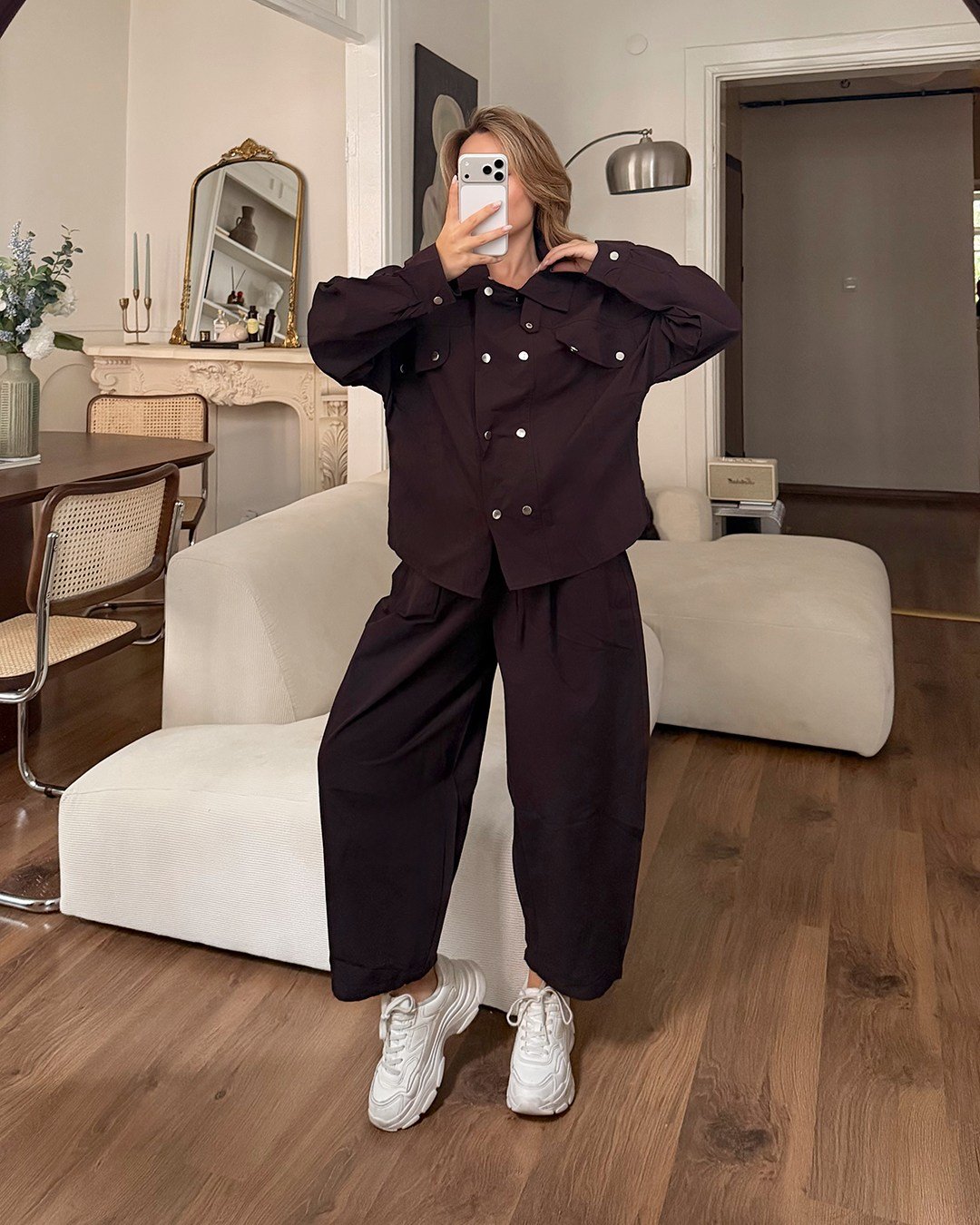 Çıtçıtlı Kahverengi Gömlek Pantolon İkili Takım