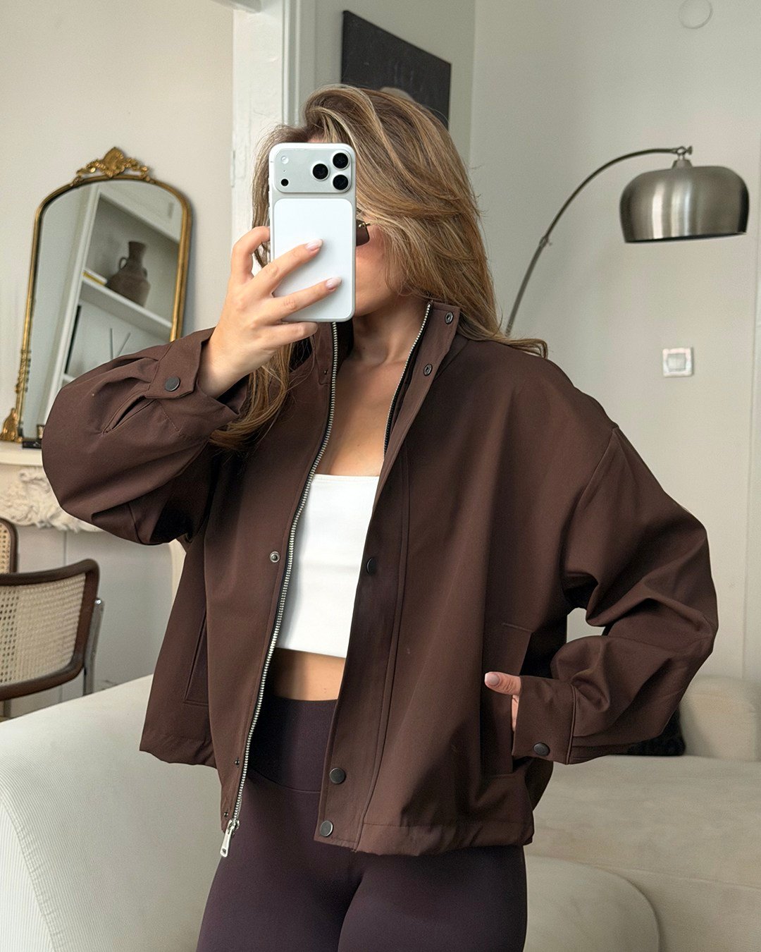 Çıtçıtlı Kahverengi Trenç Bomber Ceket