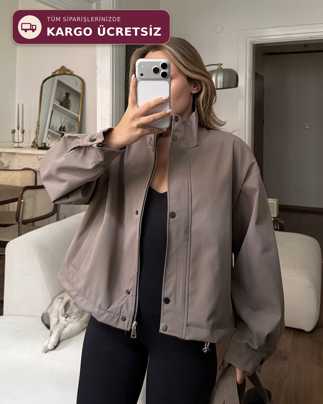 Çıtçıtlı Vizon Trenç Bomber Ceket