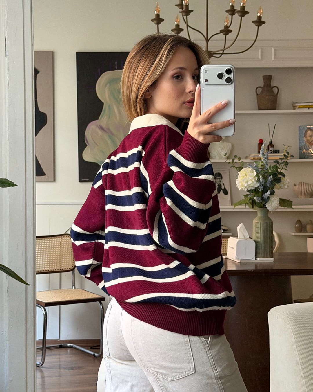 Çizgili Polo Yaka Oversize Bordo Triko Kazak