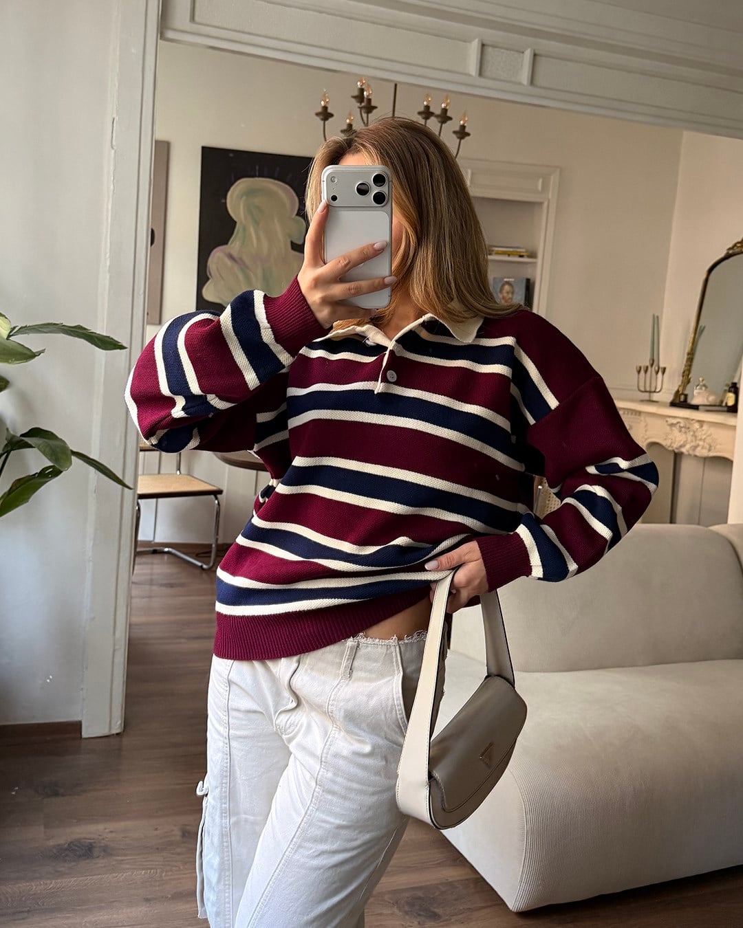 Çizgili Polo Yaka Oversize Bordo Triko Kazak