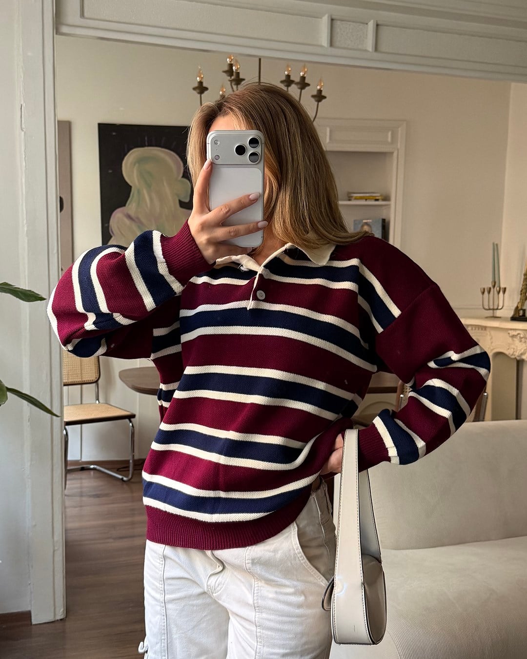 Çizgili Polo Yaka Oversize Bordo Triko Kazak