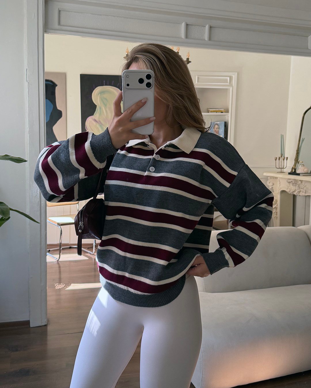 Çizgili Polo Yaka Oversize Gri Triko Kazak