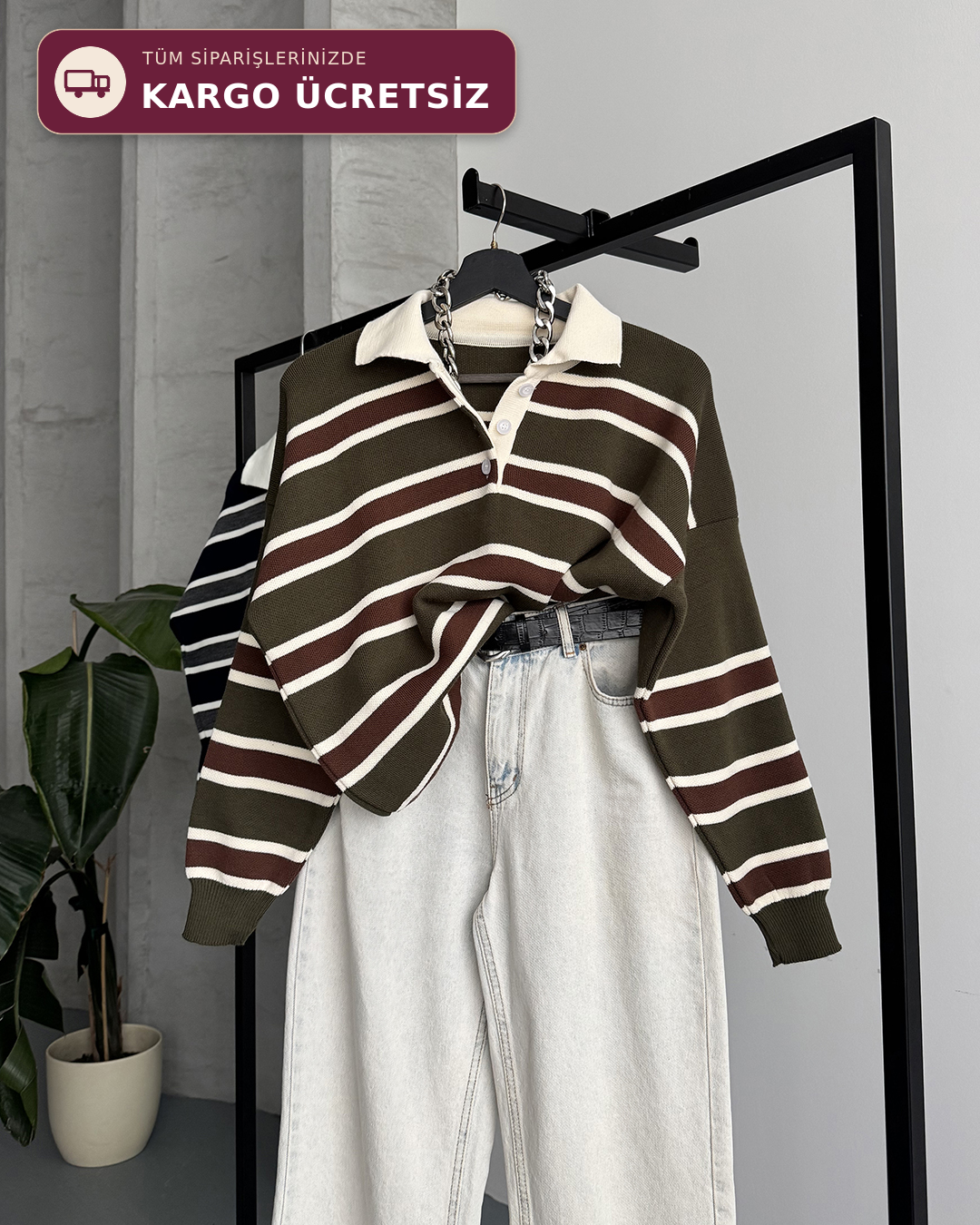 Çizgili Polo Yaka Oversize Haki Triko Kazak