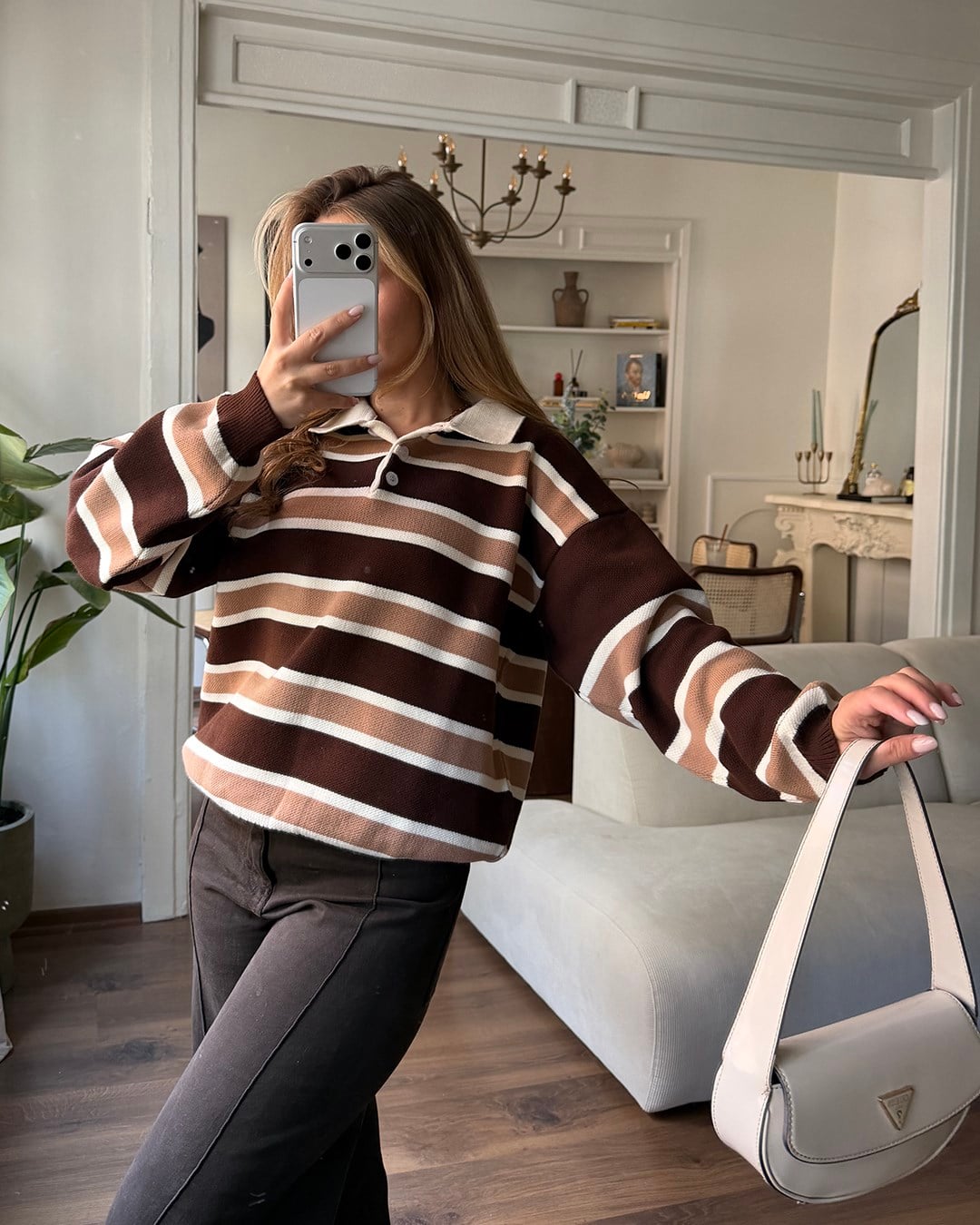 Çizgili Polo Yaka Oversize Kahverengi Triko Kazak