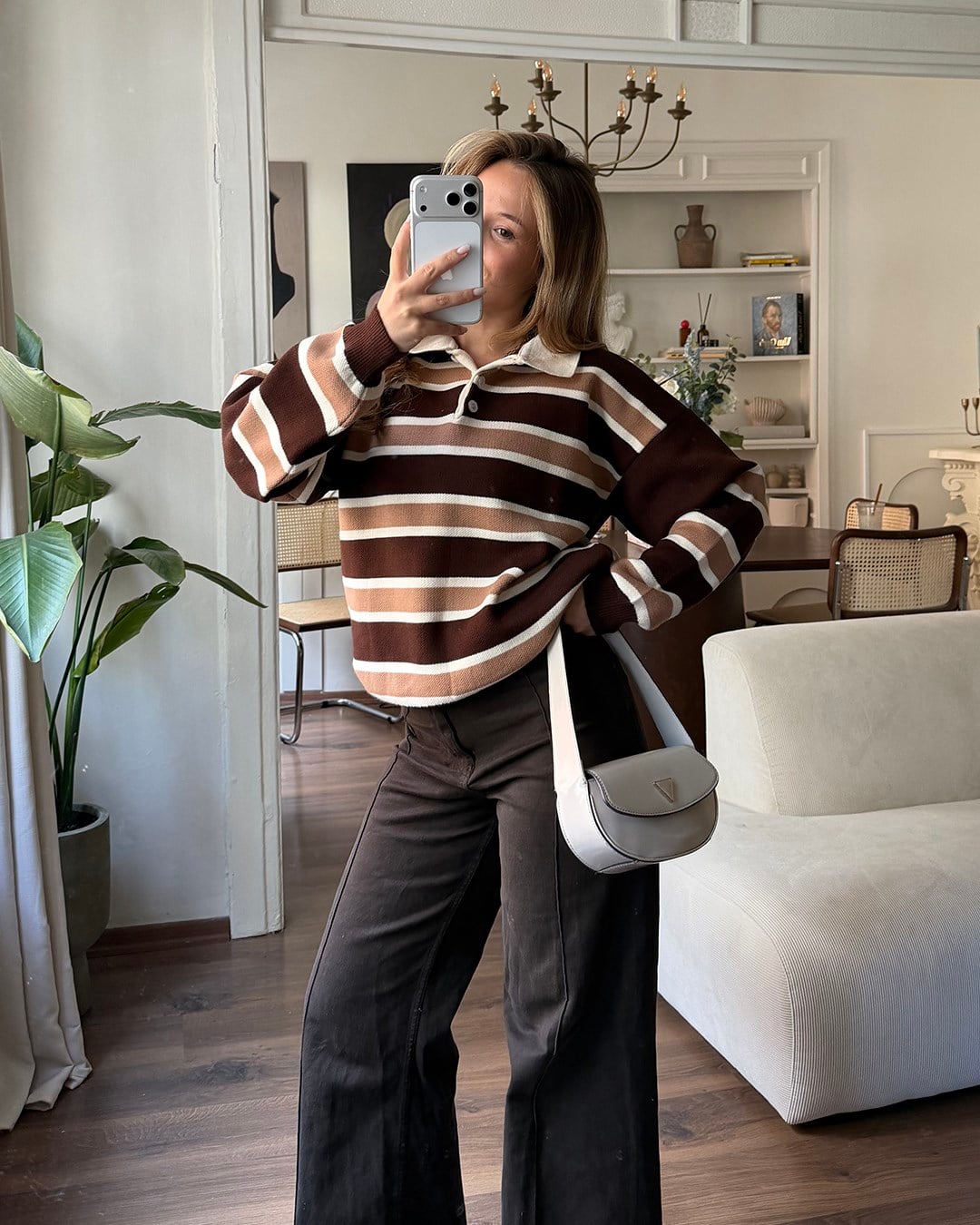 Çizgili Polo Yaka Oversize Kahverengi Triko Kazak