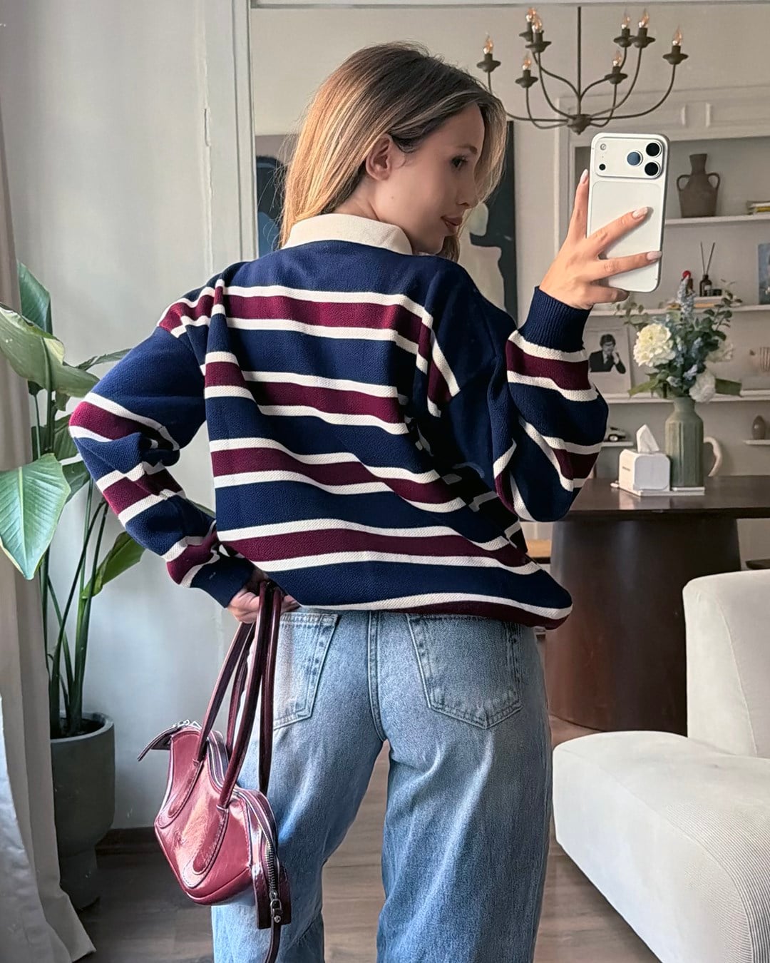 Çizgili Polo Yaka Oversize Lacivert Triko Kazak