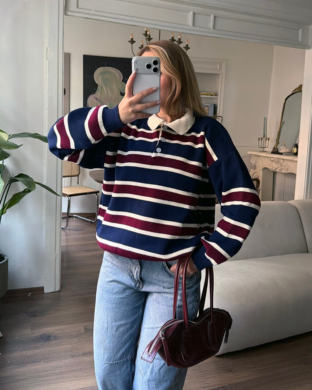 Çizgili Polo Yaka Oversize Lacivert Triko Kazak