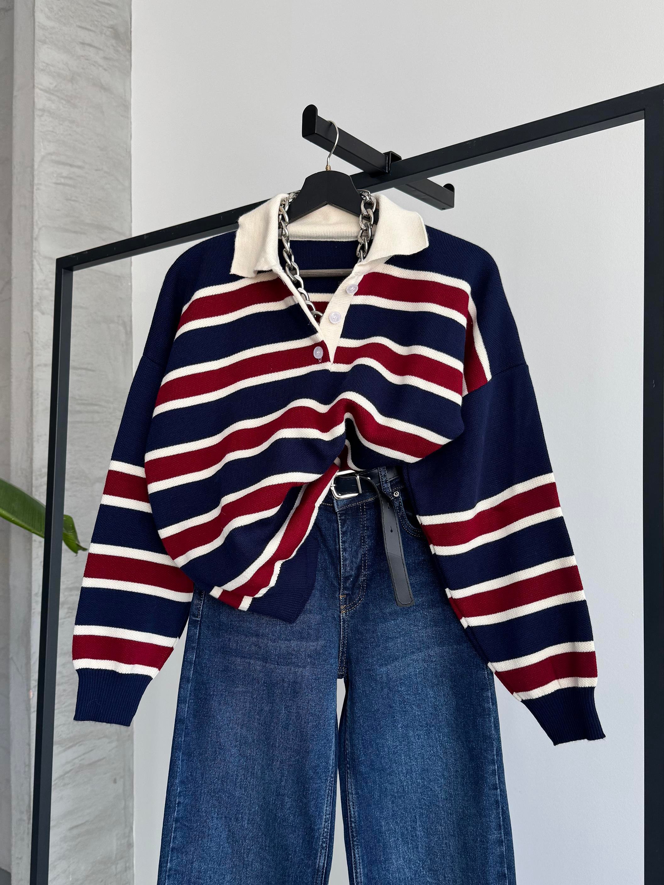 Çizgili Polo Yaka Oversize Lacivert Triko Kazak