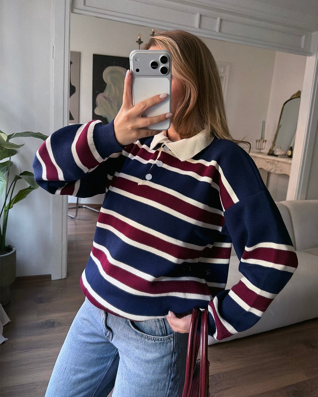 Çizgili Polo Yaka Oversize Lacivert Triko Kazak