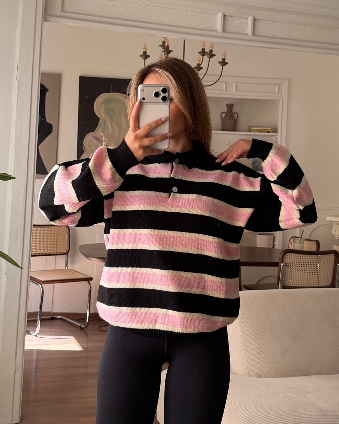 Çizgili Polo Yaka Oversize Pembe Triko Kazak