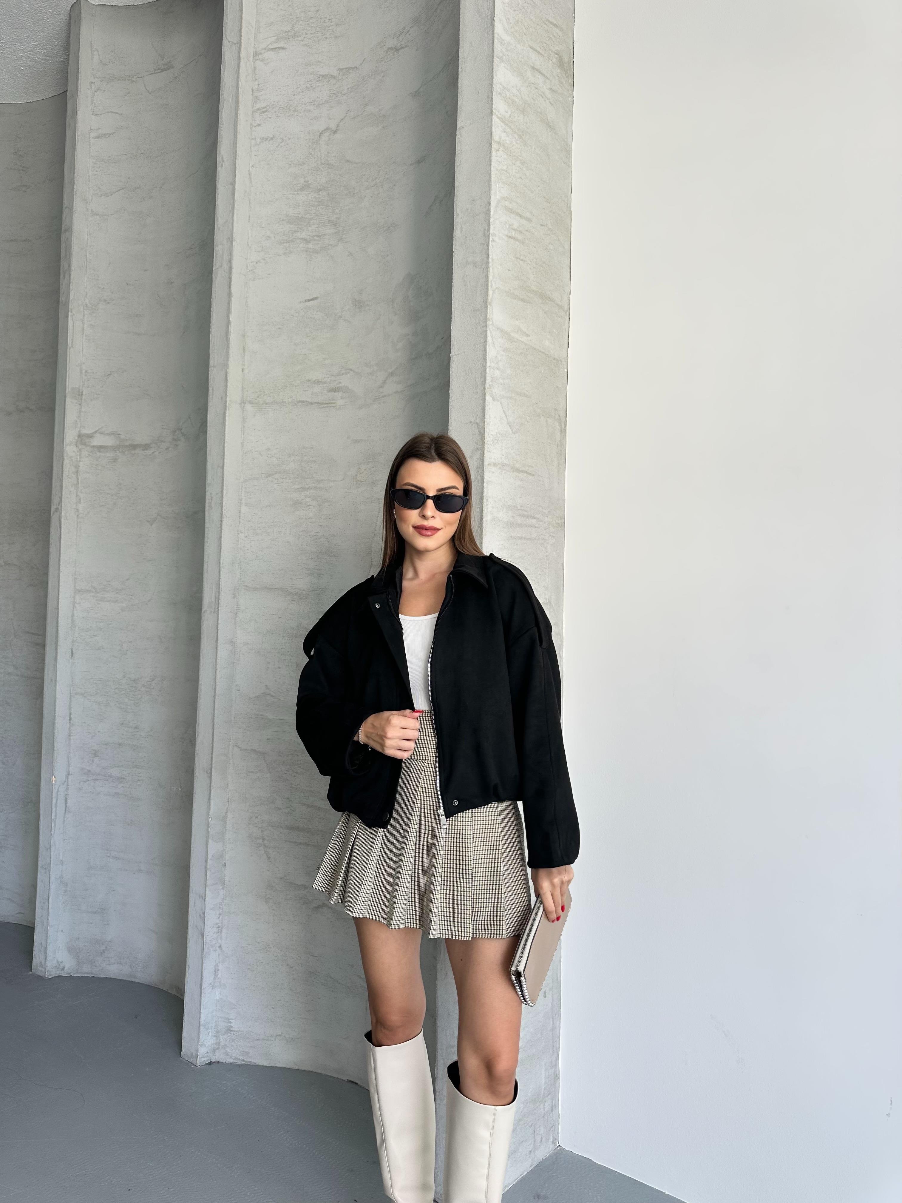 Crop Bomber Siyah Süet Ceket