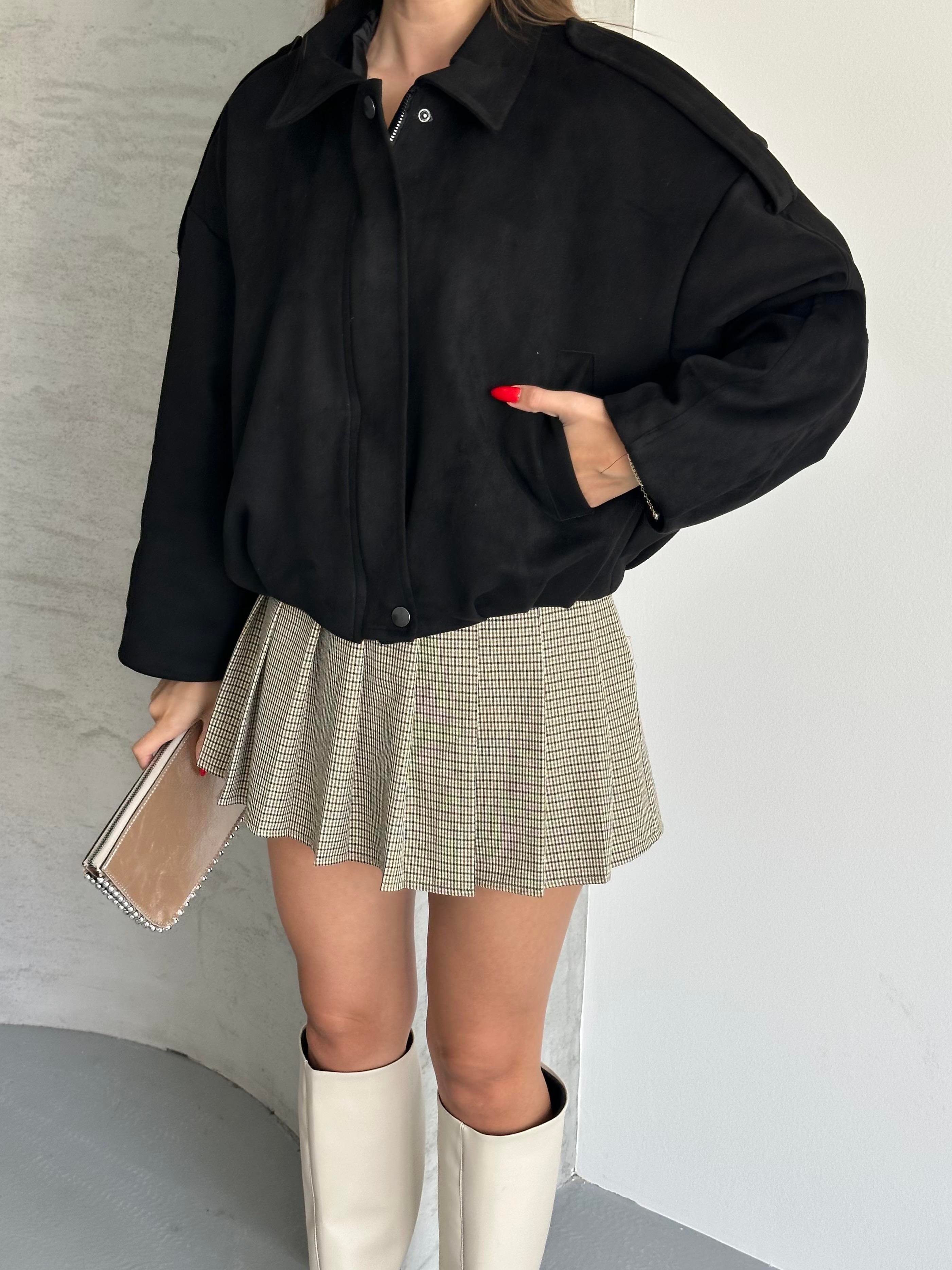 Crop Bomber Siyah Süet Ceket