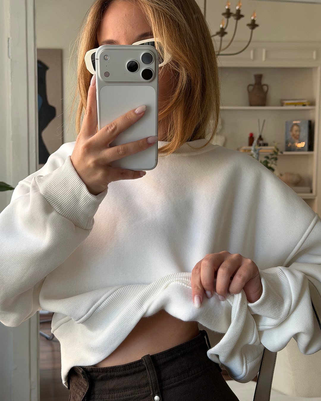 Crop Düz Beyaz Sweatshirt