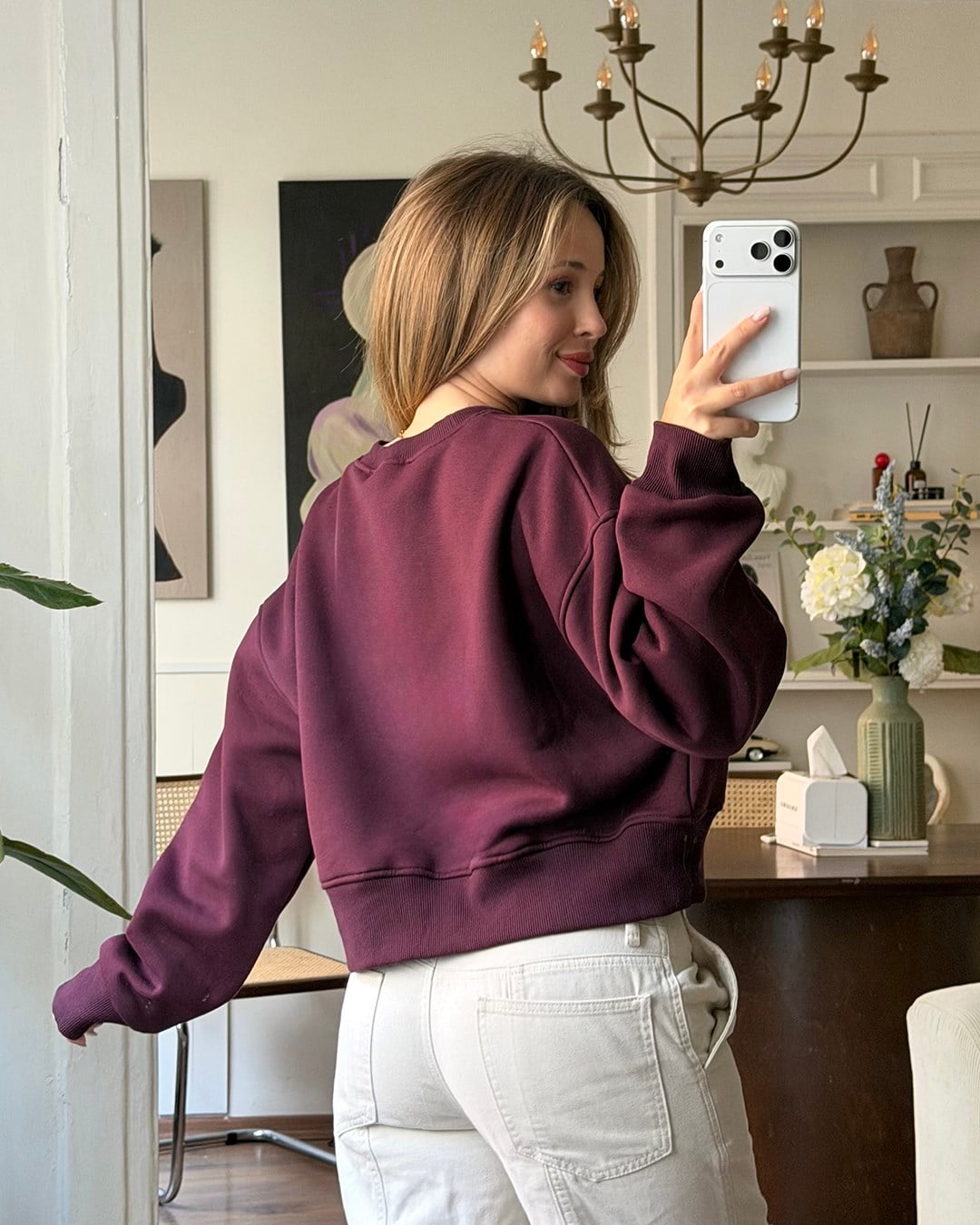 Crop Düz Bordo Sweatshirt