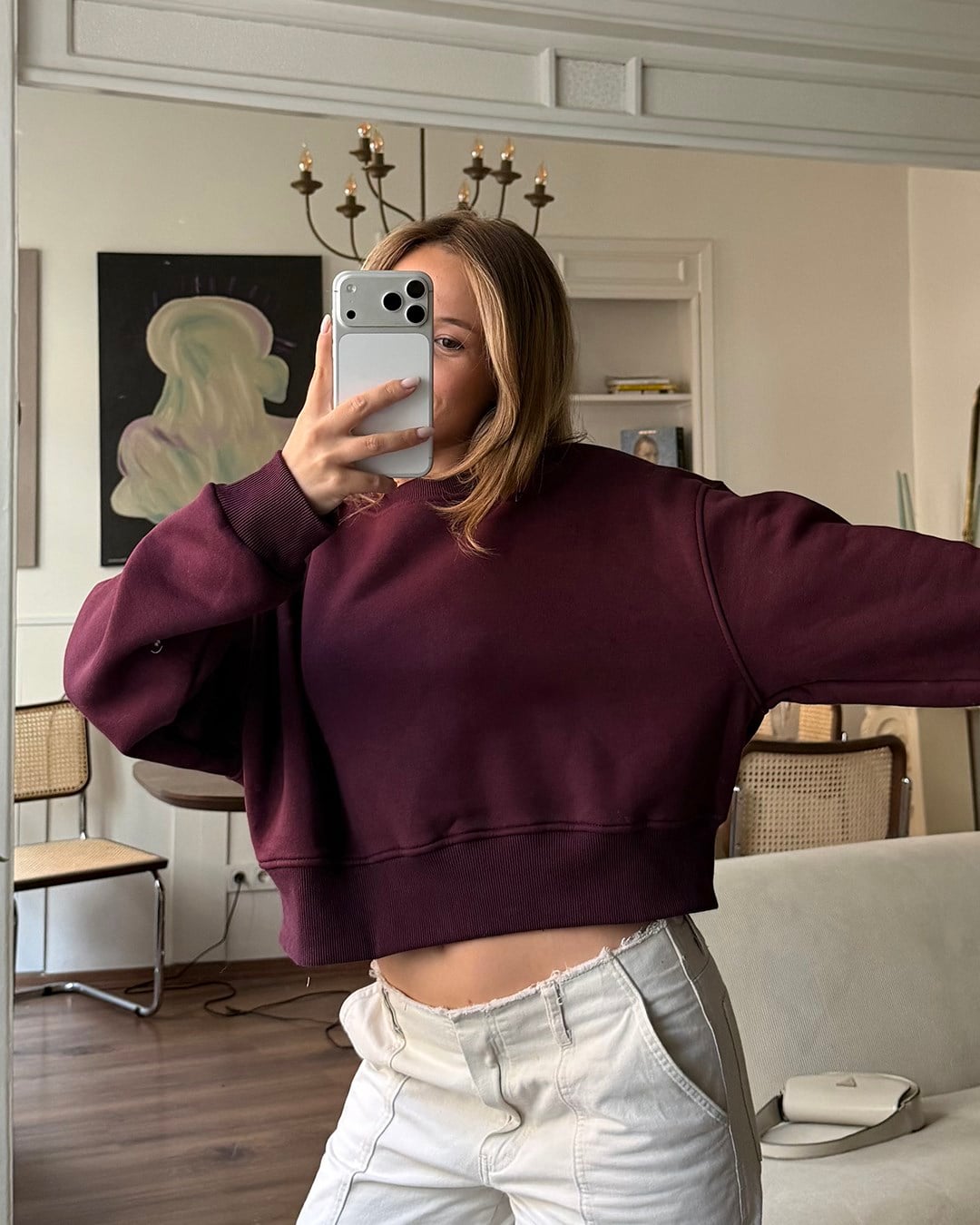 Crop Düz Bordo Sweatshirt
