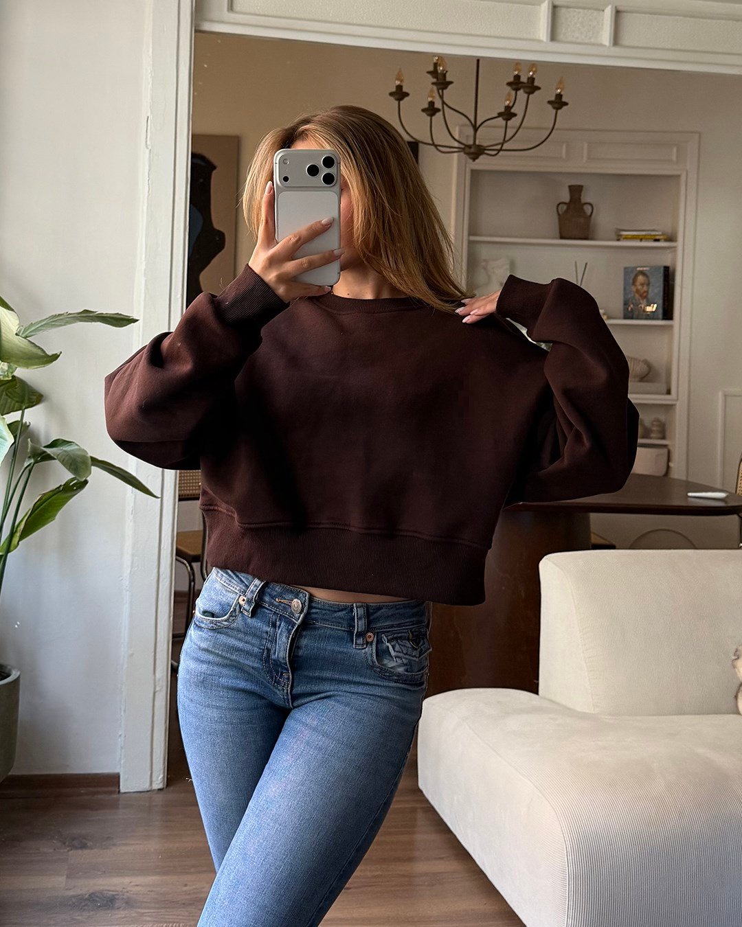 Crop Düz Kahverengi Sweatshirt