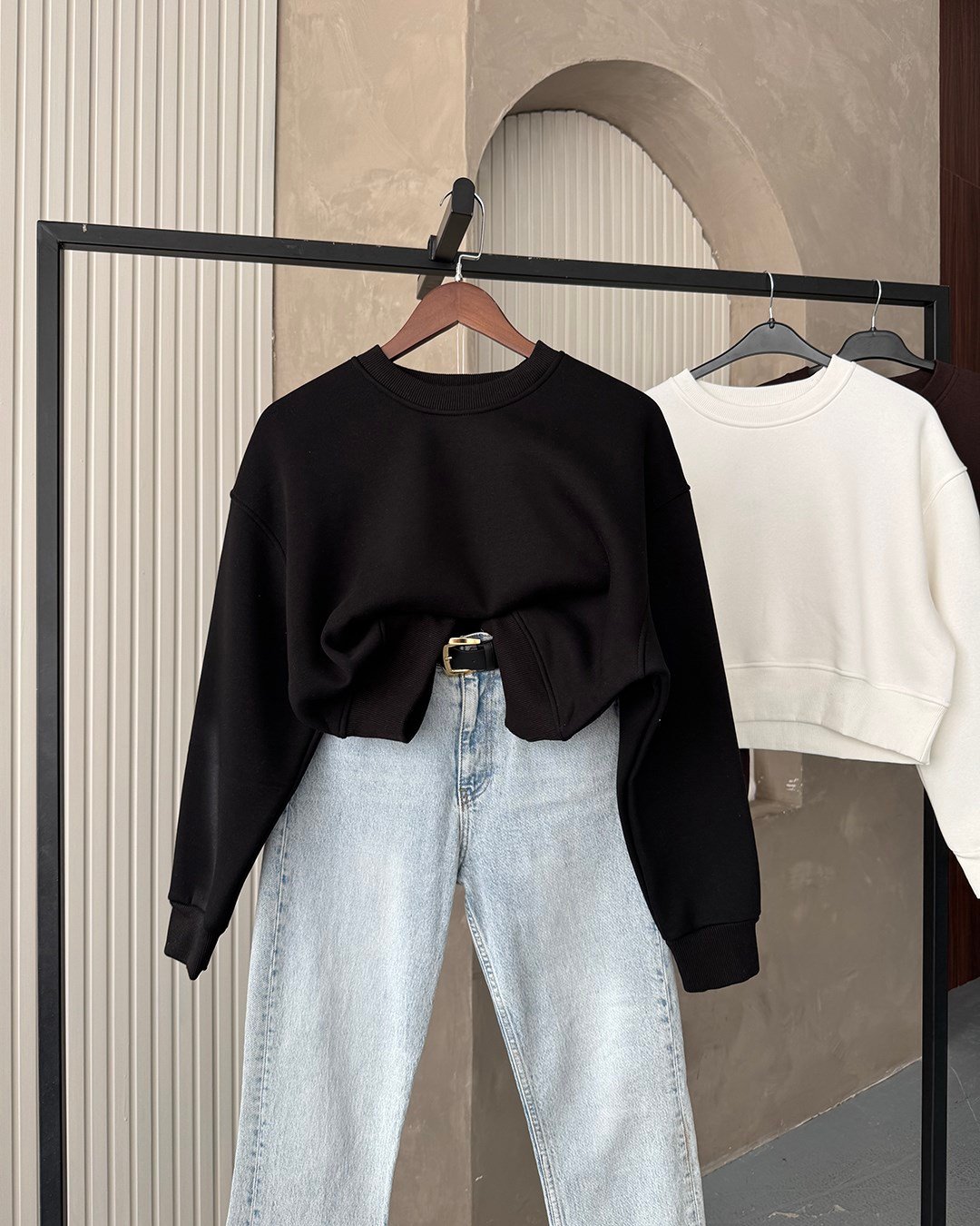 Crop Düz Siyah Sweatshirt