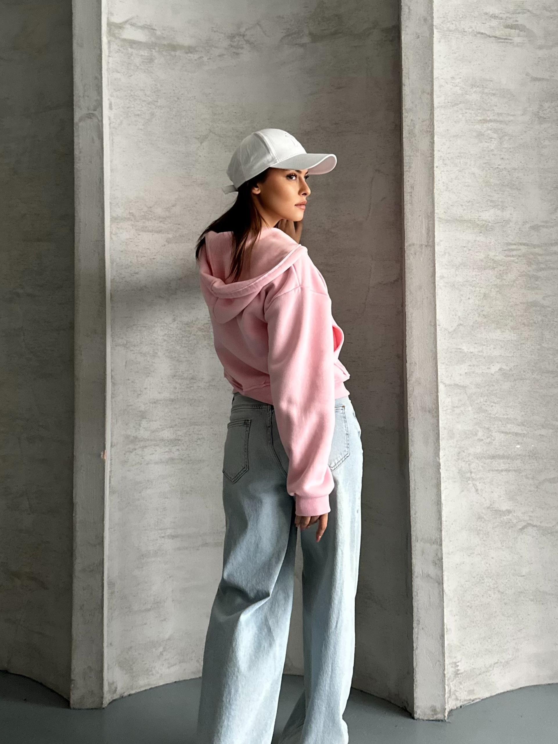 Crop Kapüşonlu Pembe Hırka