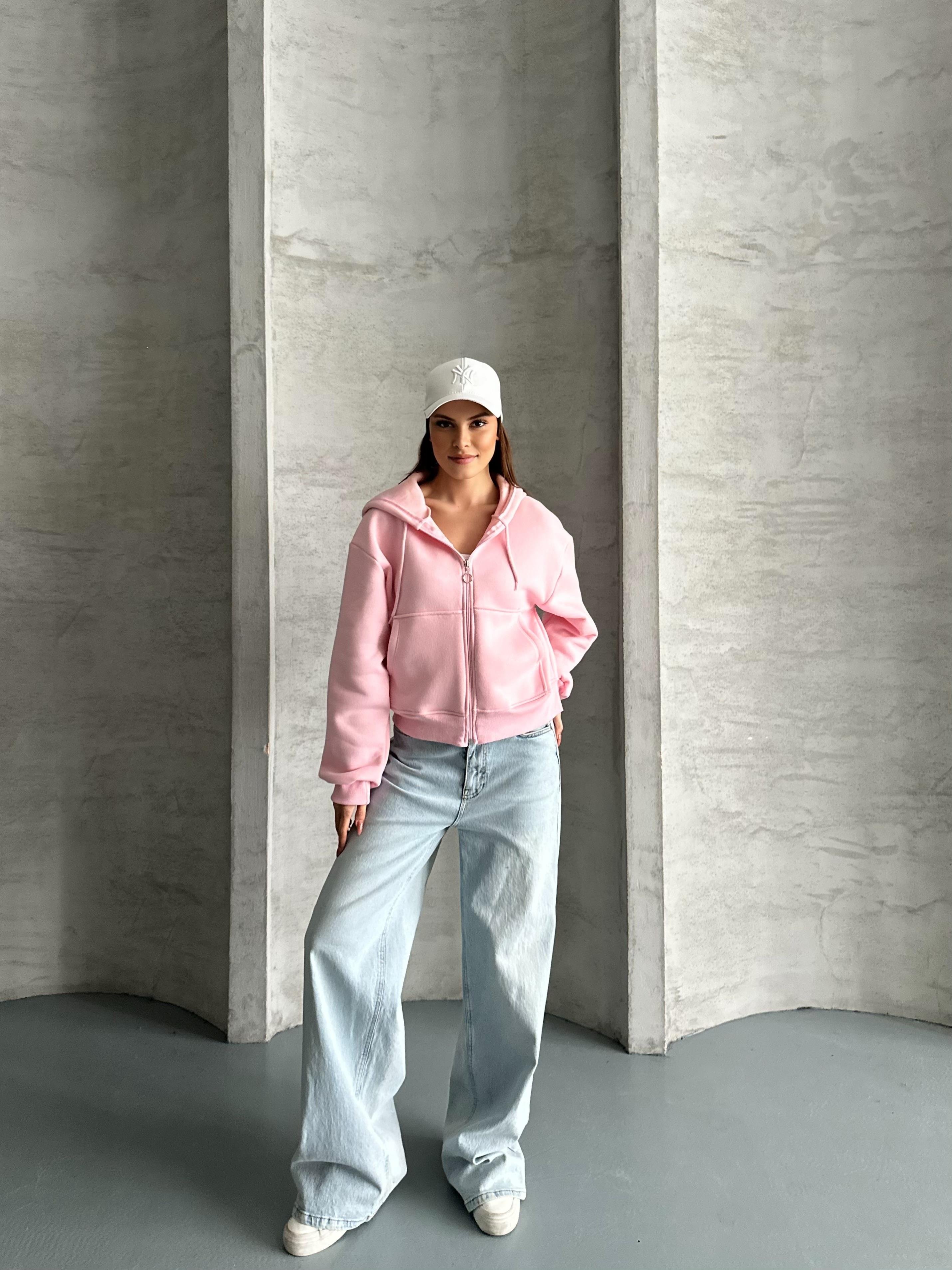 Crop Kapüşonlu Pembe Hırka