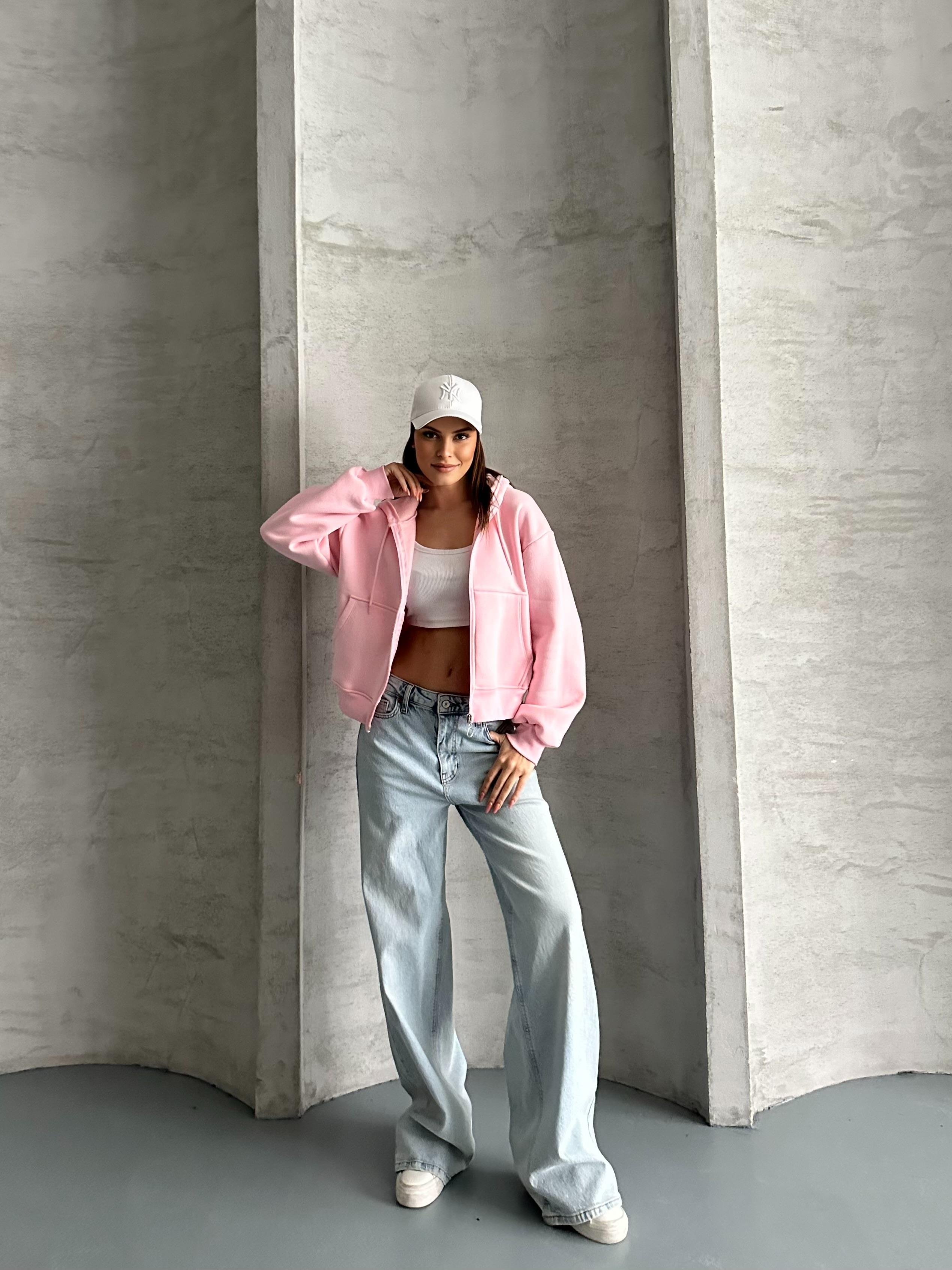 Crop Kapüşonlu Pembe Hırka