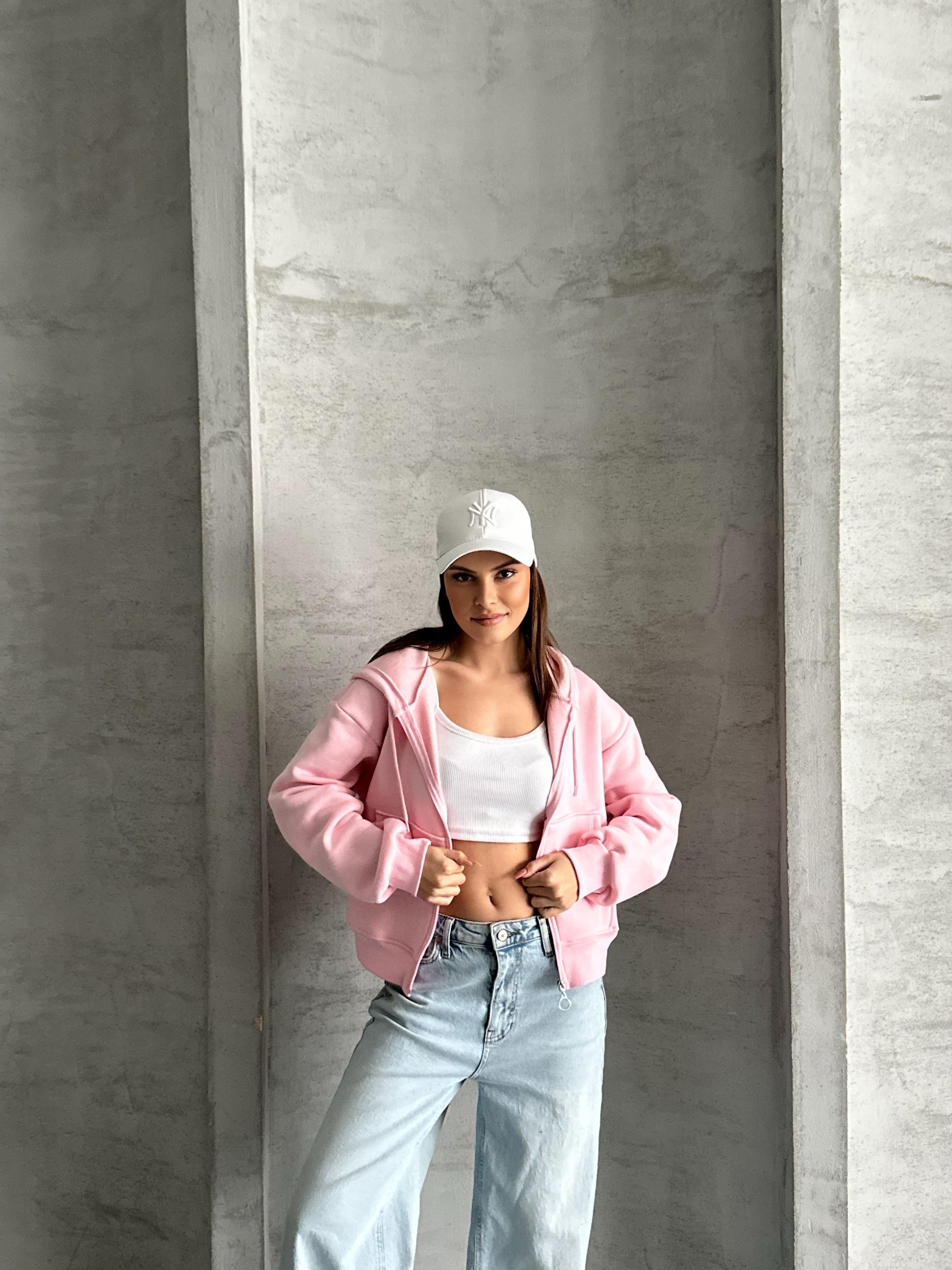 Crop Kapüşonlu Pembe Hırka