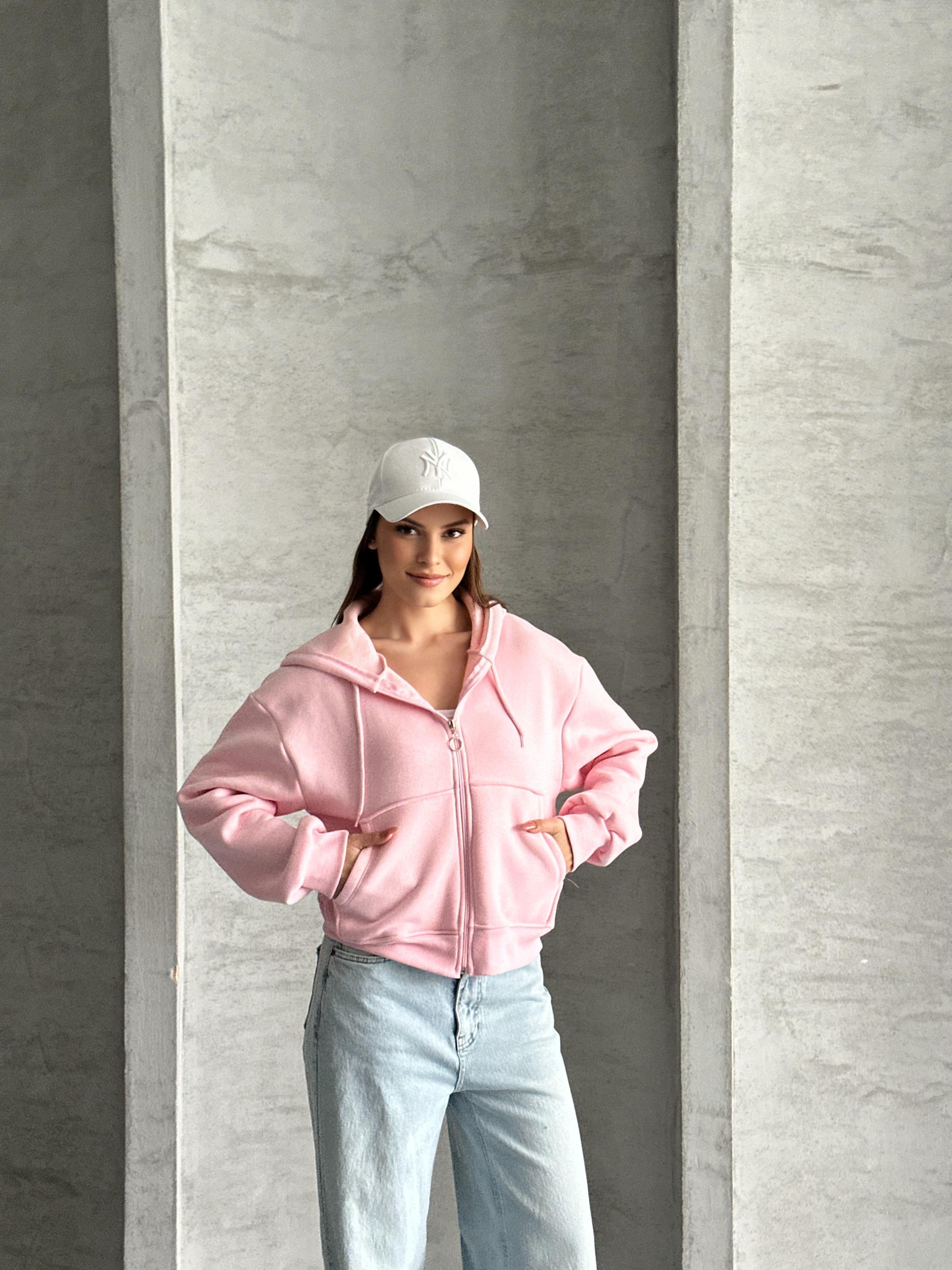 Crop Kapüşonlu Pembe Hırka