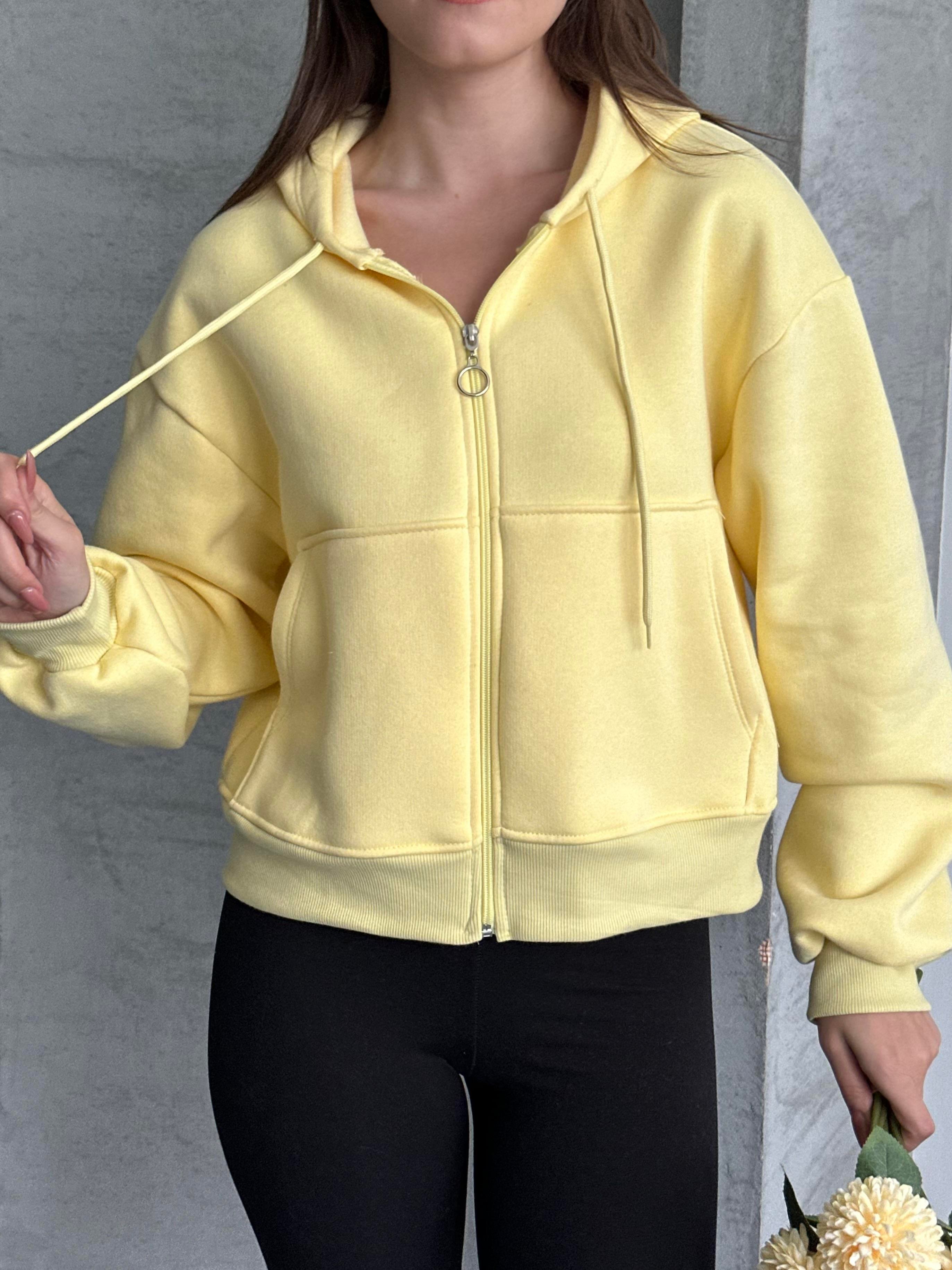 Crop Kapüşonlu Sarı Hırka