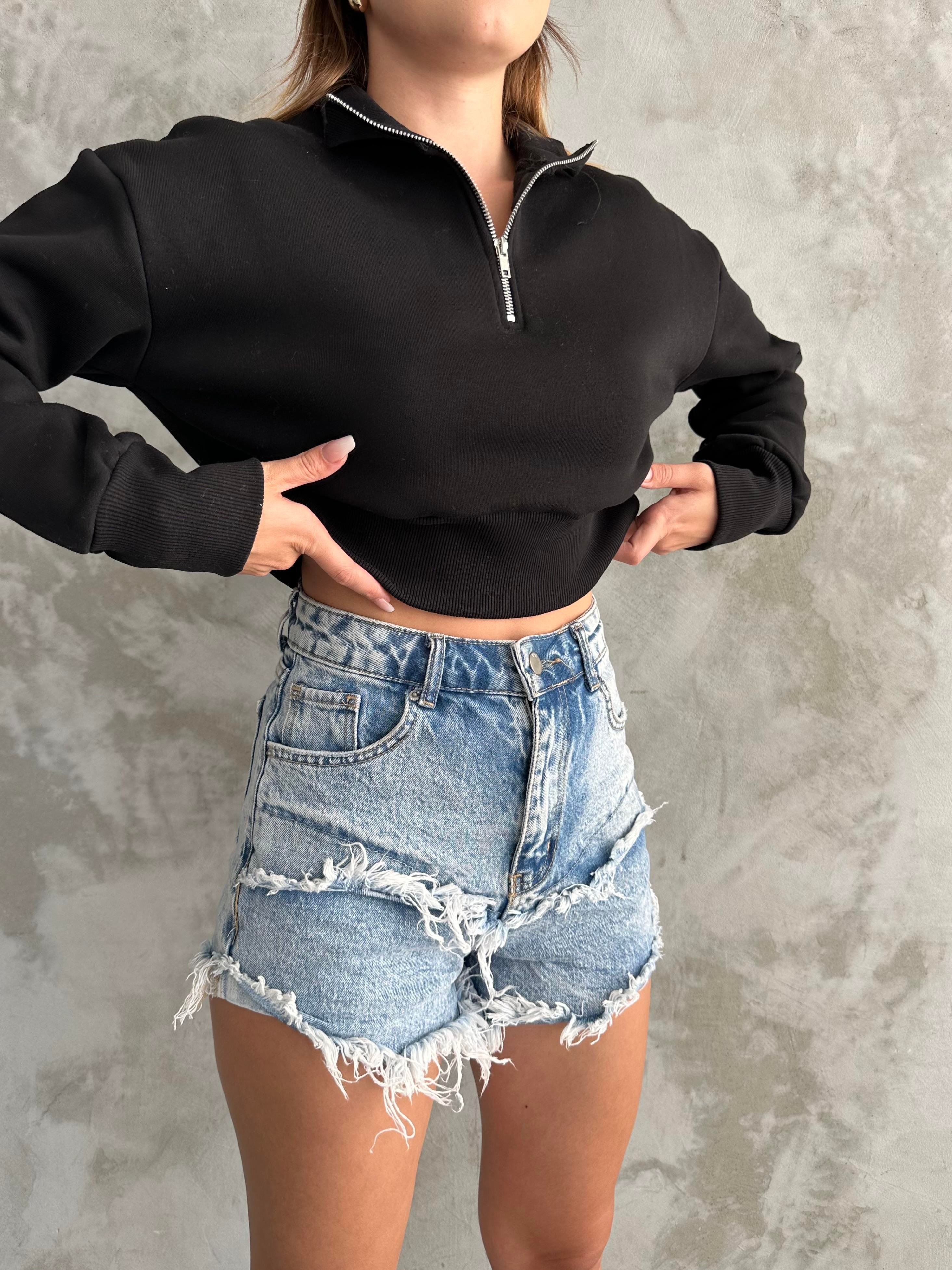 Crop Yarım Yaka Siyah Sweatshirt