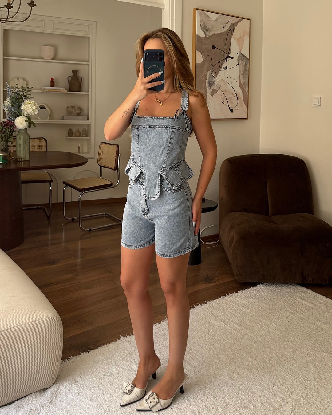 Denim Korse Bluz Şort Takım