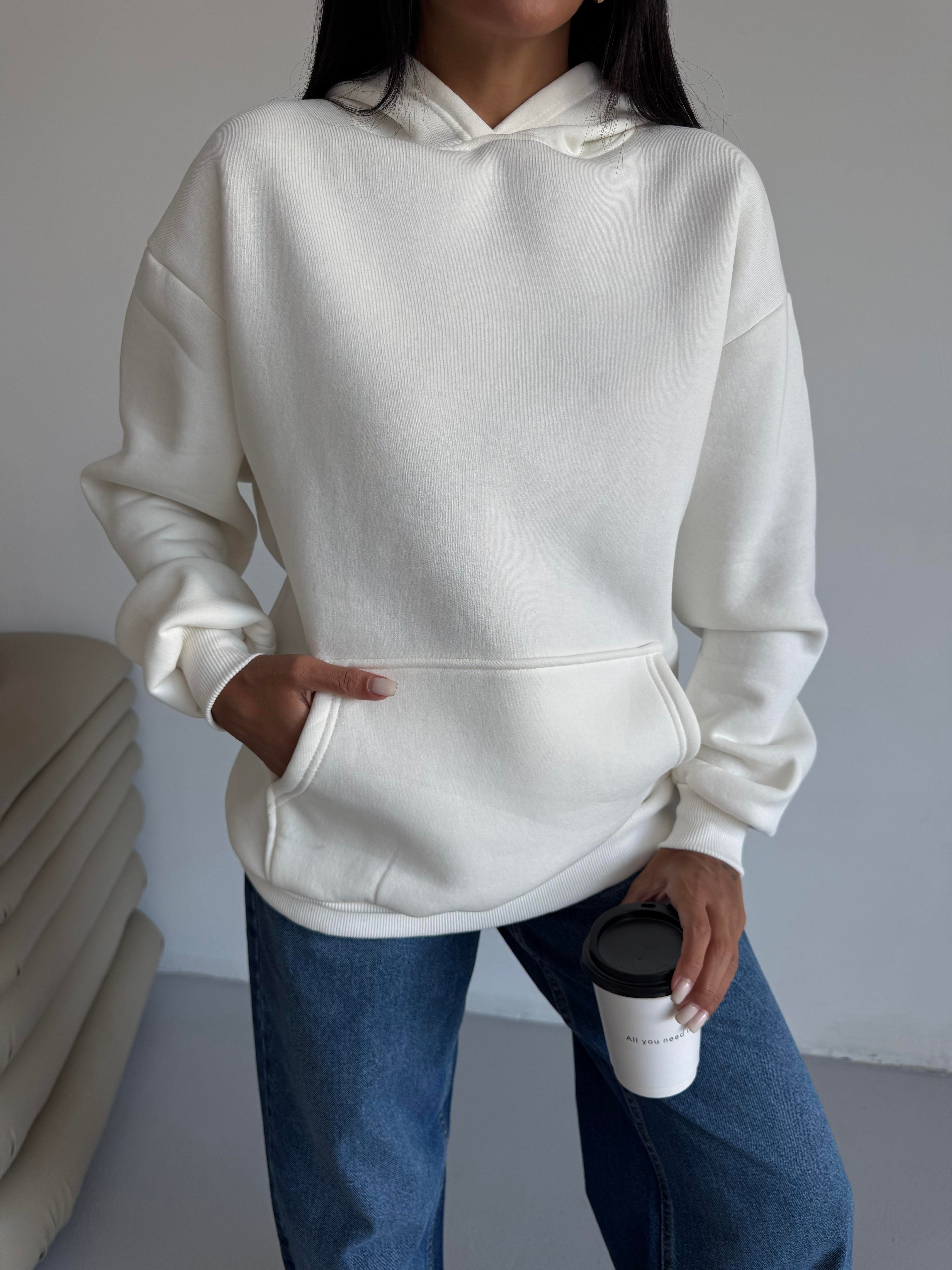Dikişsiz Unisex Kapüşonlu Beyaz Sweatshirt