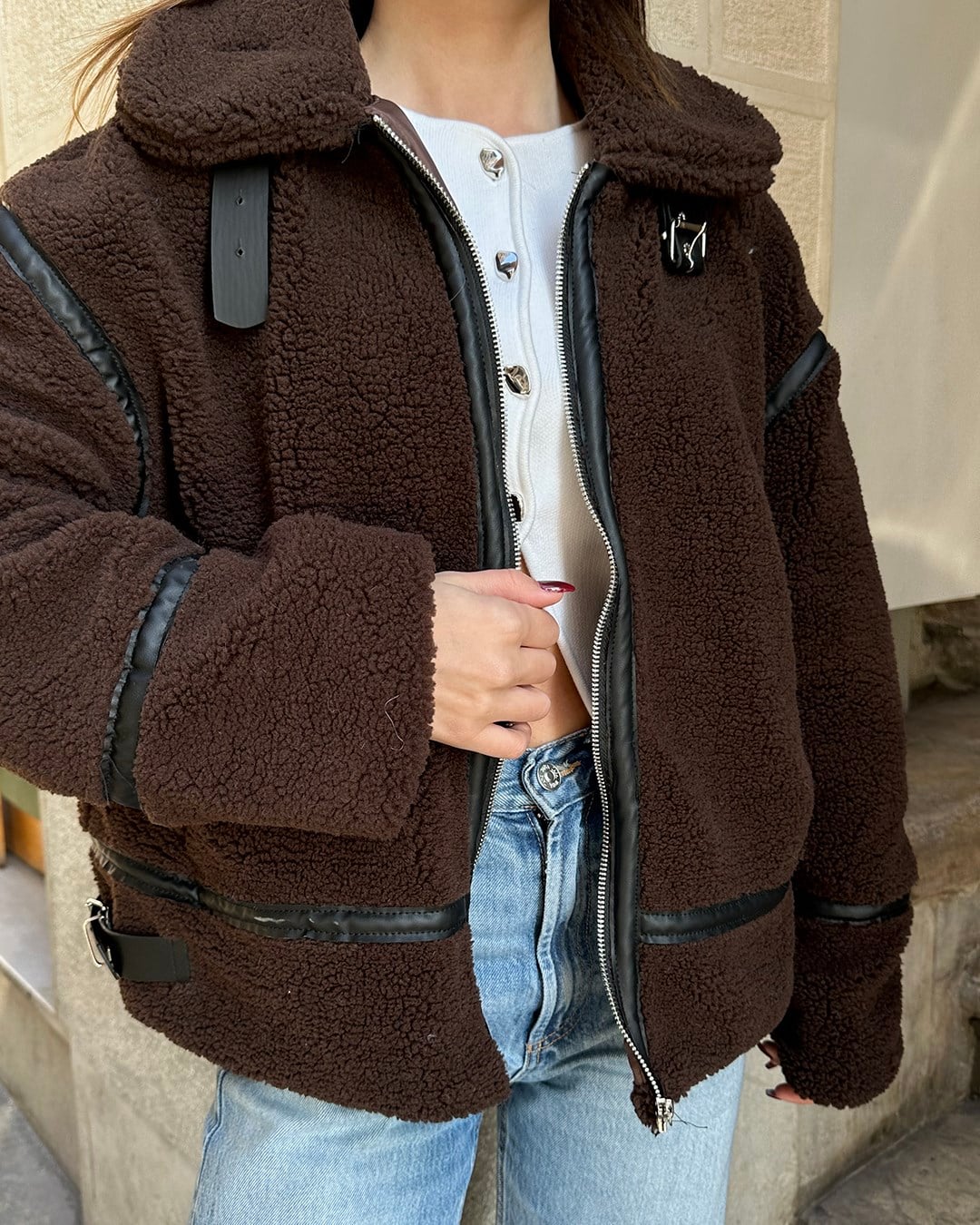 Dolly Deri Biyeli Oversize Kahverengi Peluş Mont