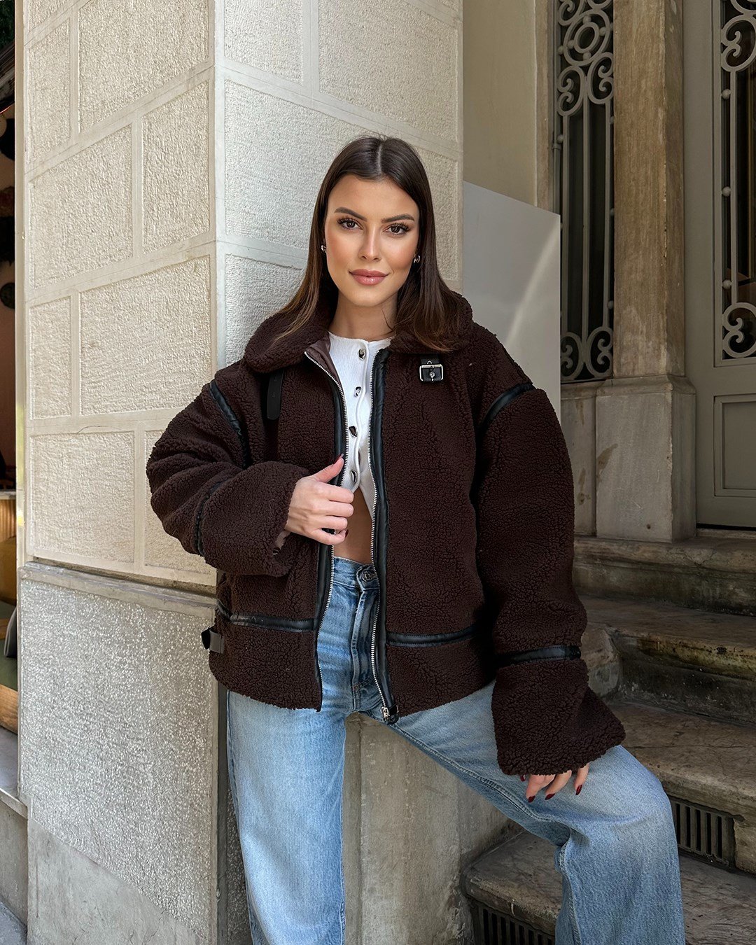 Dolly Deri Biyeli Oversize Kahverengi Peluş Mont