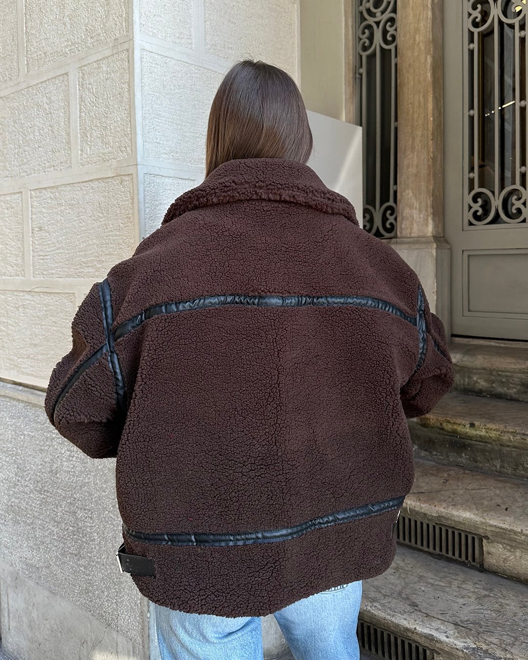Dolly Deri Biyeli Oversize Kahverengi Peluş Mont