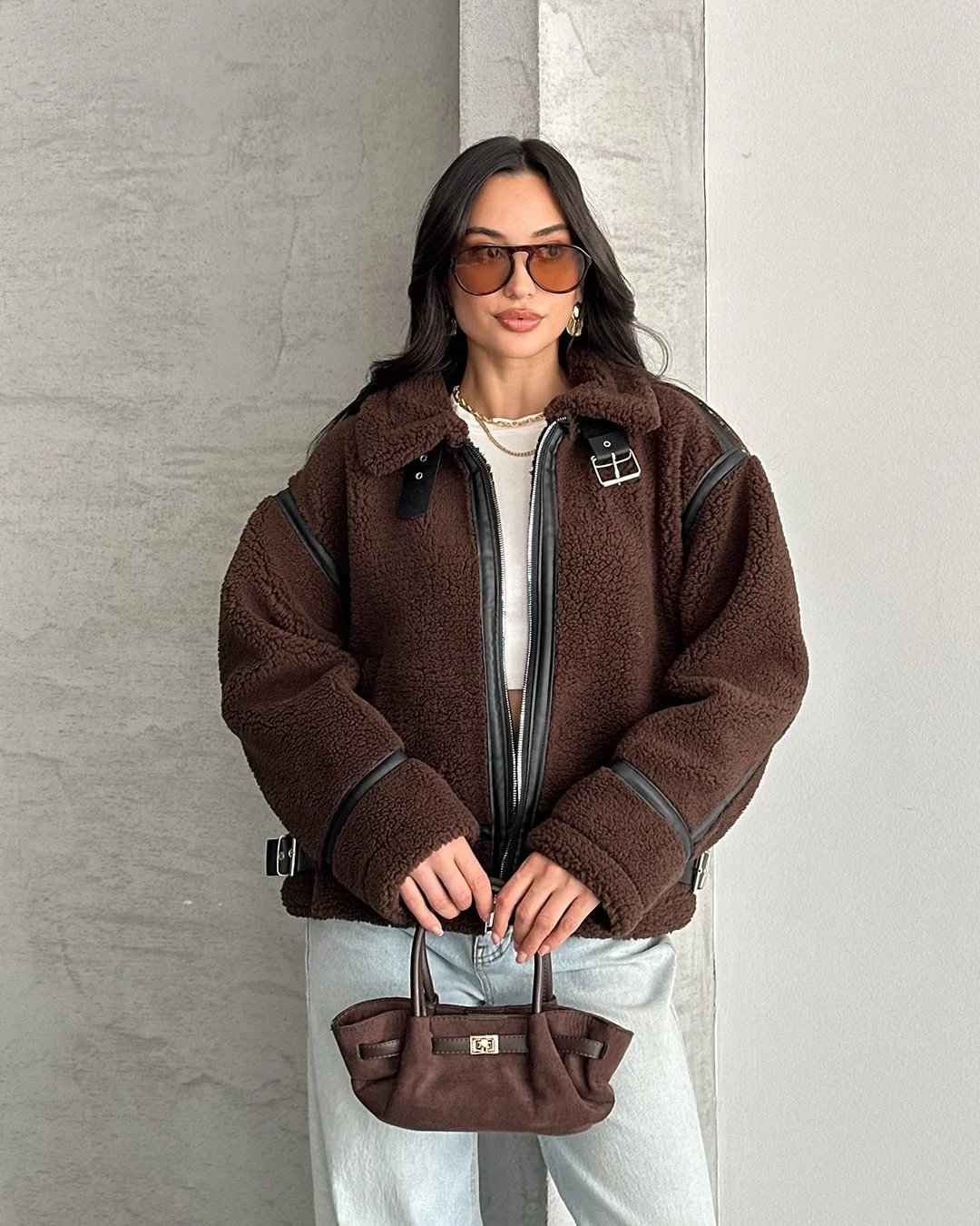 Dolly Deri Biyeli Oversize Kahverengi Peluş Mont