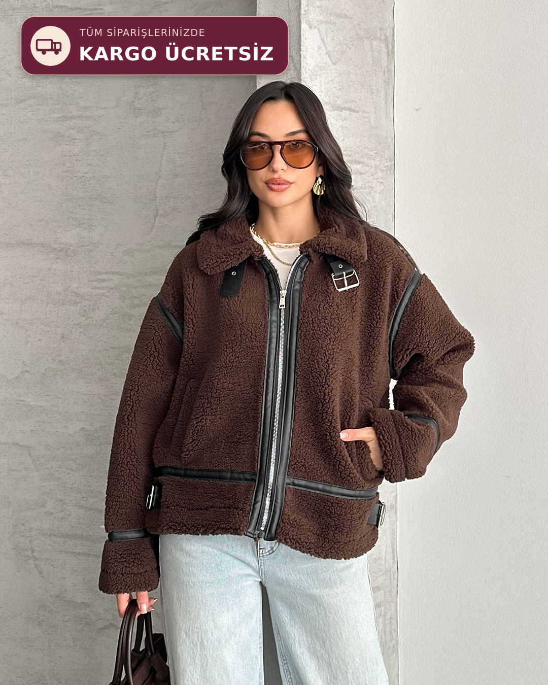 Dolly Deri Biyeli Oversize Kahverengi Peluş Mont