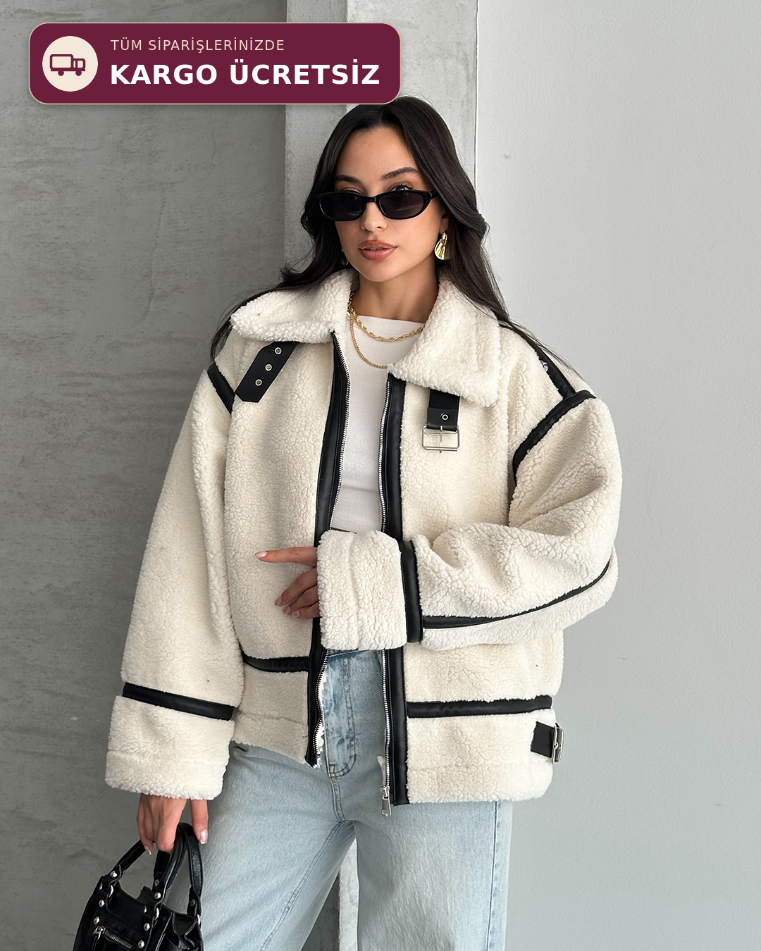 Dolly Deri Biyeli Oversize Peluş Mont